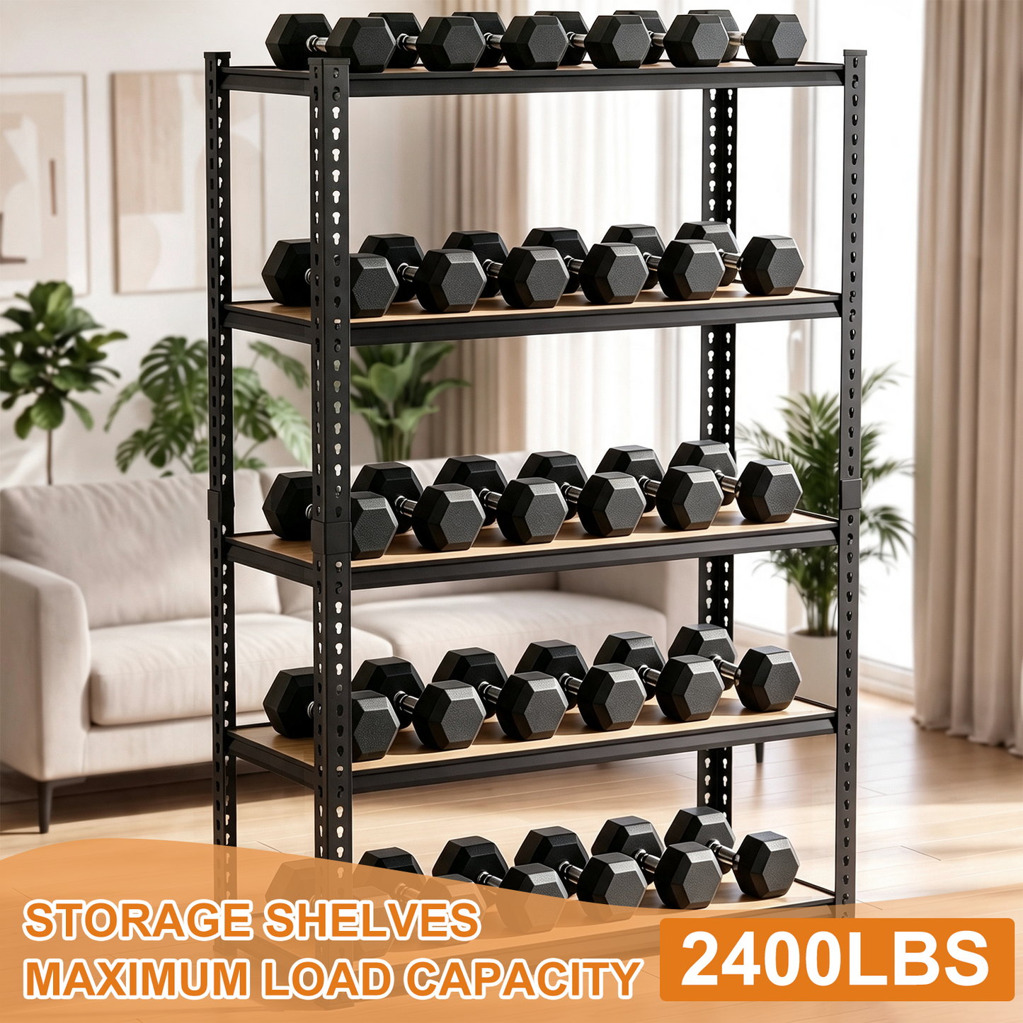 2400LBS Storage Shelves 5 Tier Garage Shelving Heavy Duty Adjustable Garage Shelves, Utility Rack Shelf, Shelving Units for Storage Warehouse Pantry Closet, 35.5" W x 11.9" D x 72" H, Black