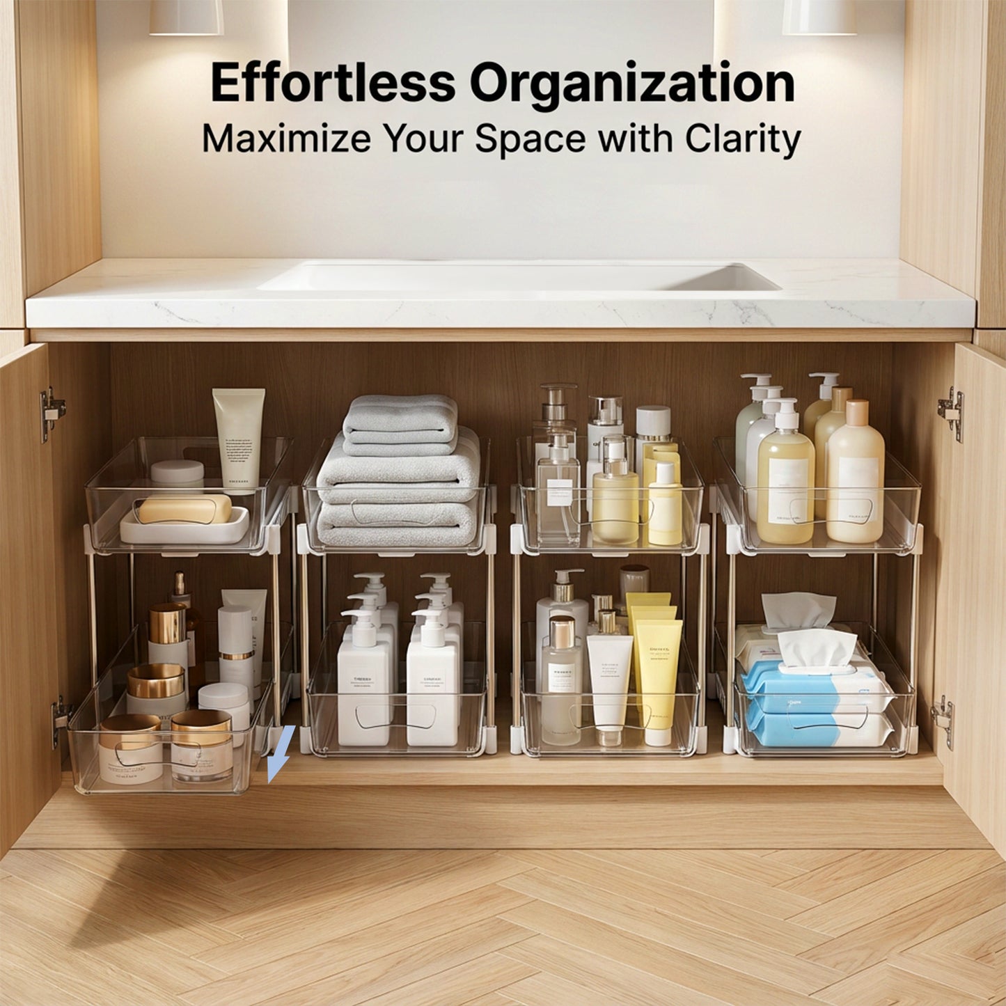 4 Pack Bathroom Organizer, 2 Tier Under Sink Organizers Vanity Countertop Storage Container, Kitchen Cabinet Drawers Bins, Pull-Out Organization for Pantry, Spice, White & Clear