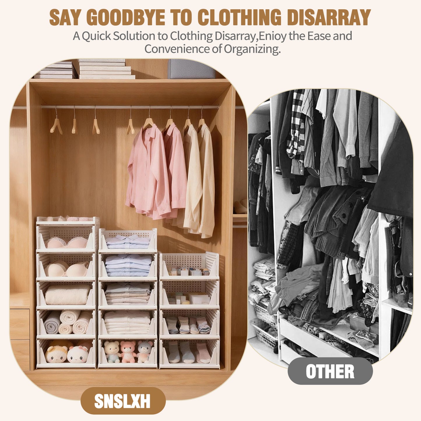 TAIMASI 8 Pack Stackable Closet Storage Basket, Multifunctional Foldable Closet Organizer for Kitchen Bathroom Laundry Room Wardrobe Storage, Space-Saving Clothes Storage Drawer Organizer, White
