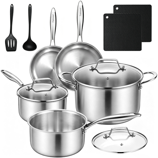 12 Pcs Stainless Steel Cookware Set, TAIMASI 3 Ply Pots and Pans Set, Induction & Oven Safe Kitchen Cookware Set, Non Toxic Kitchen Essential Cooking Set with Handle, Dishwasher Safe