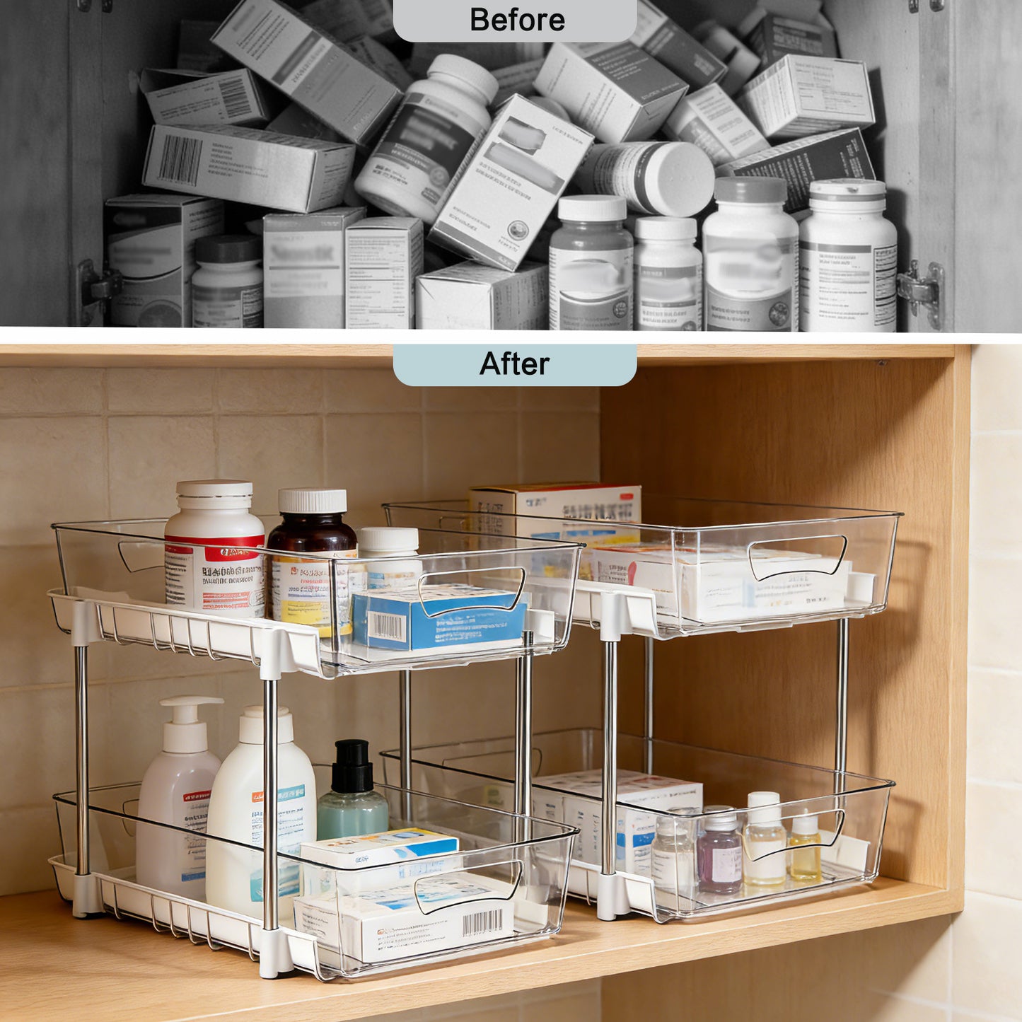 2 Pack Bathroom Organizer, 2 Tier Under Sink Organizers Vanity Countertop Storage Container, Kitchen Cabinet Drawers Bins, Pull-Out Organization for Pantry, Spice, White & Clear