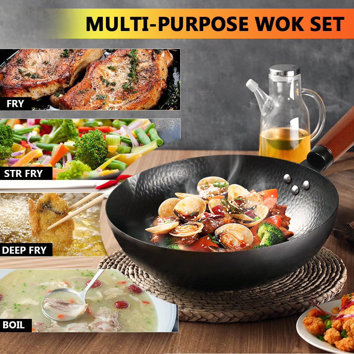 KAQINU Carbon Steel Wok Pan, 14 Piece Woks & Stir-Fry Pans Set with Wooden Lid Cookwares, No Chemical Coated Flat Bottom Chinese Pan for Induction, Electric, Gas, Halogen All Stoves - 12.6''