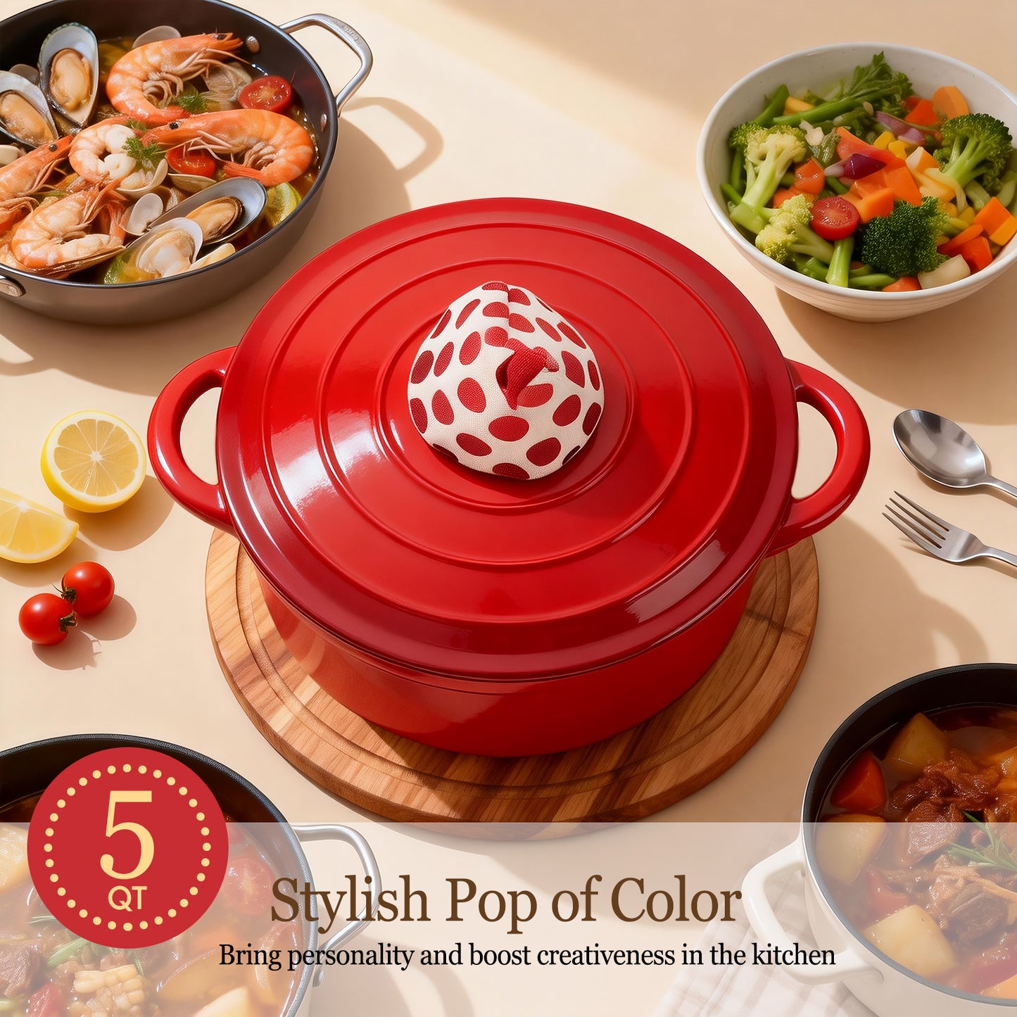 Enameled Cast Iron Dutch Oven, TAIMASI 5QT Dutch Oven Pot with Lid & Cotton Potholders, Heavy-Duty Cookware for Braising, Stews, Roasting, Bread Baking, All Stovetop Compatible (Red)