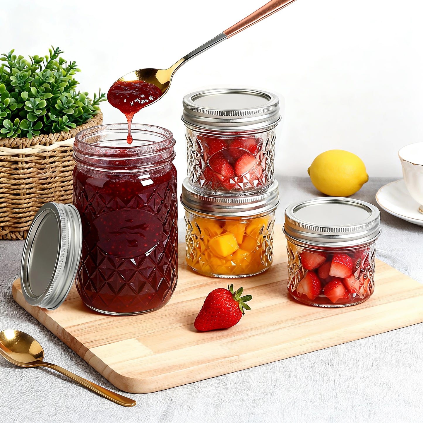 16 Pack Mason Jars Set, 8×16oz Wide Mouth + 8×4oz Regular Mouth Mason Jars with Seal Lids, Labels & Hemp Rope, Glass Canning Jars for Pickling, Jam, Jelly, Honey, Dessert, DIY Candles