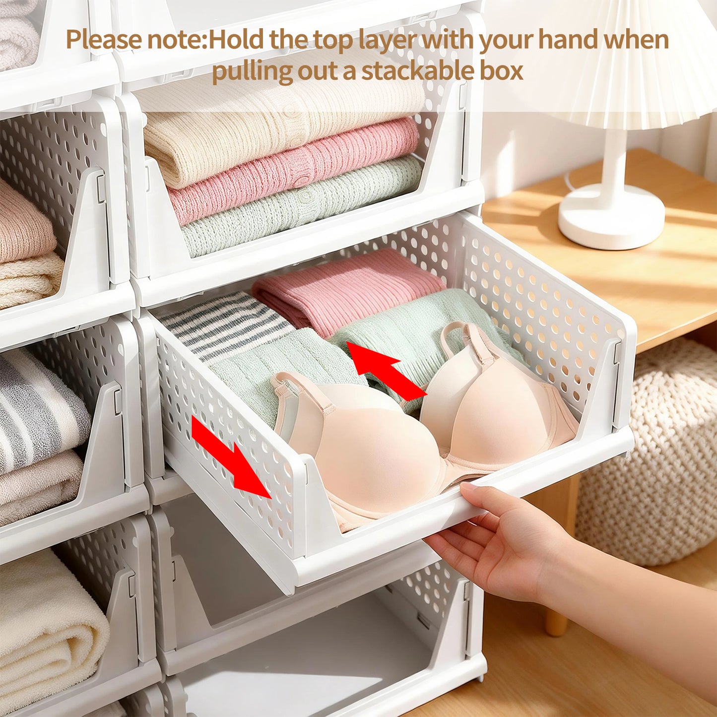 TAIMASI 8 Pack Stackable Closet Storage Basket, Multifunctional Foldable Closet Organizer for Kitchen Bathroom Laundry Room Wardrobe Storage, Space-Saving Clothes Storage Drawer Organizer, White