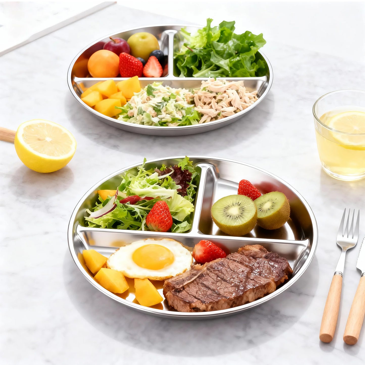 6 Pcs Stainless Steel Divided Plates, TAIMASI 9" Portion Control Divided Metal Plate with 3 Sections, Reusable Plates Round Sectioned Plate for Kids Adults Lunch, Picnic