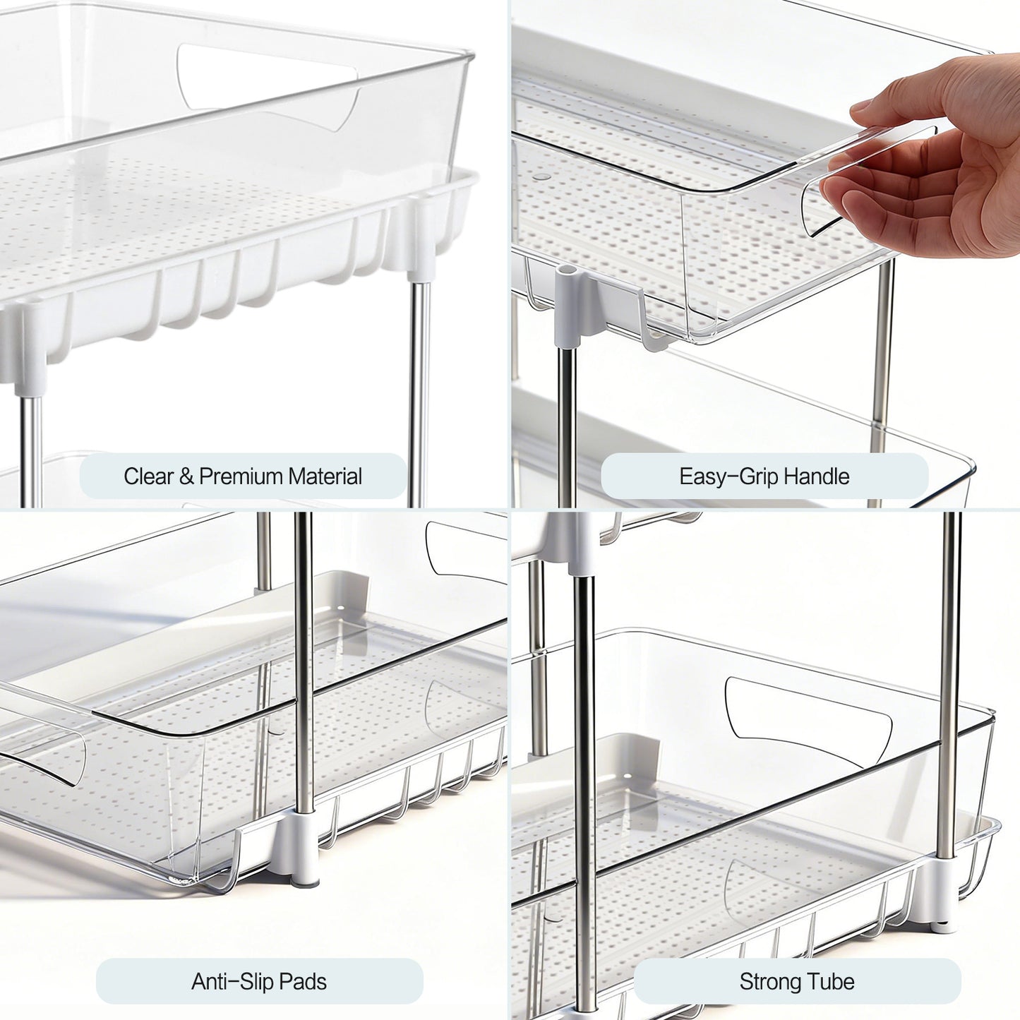4 Pack Bathroom Organizer, 2 Tier Under Sink Organizers Vanity Countertop Storage Container, Kitchen Cabinet Drawers Bins, Pull-Out Organization for Pantry, Spice, White & Clear