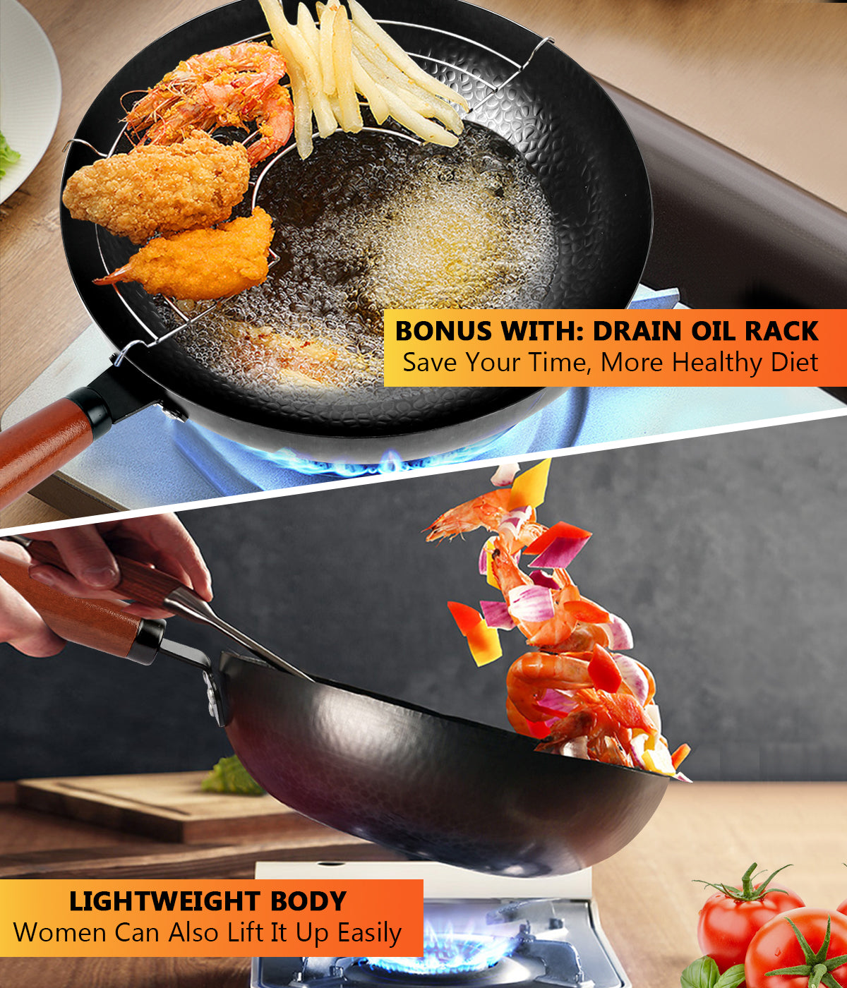 KAQINU Carbon Steel Wok Pan, 14 Piece Woks & Stir-Fry Pans Set with Wooden Lid Cookwares, No Chemical Coated Flat Bottom Chinese Pan for Induction, Electric, Gas, Halogen All Stoves - 12.6''