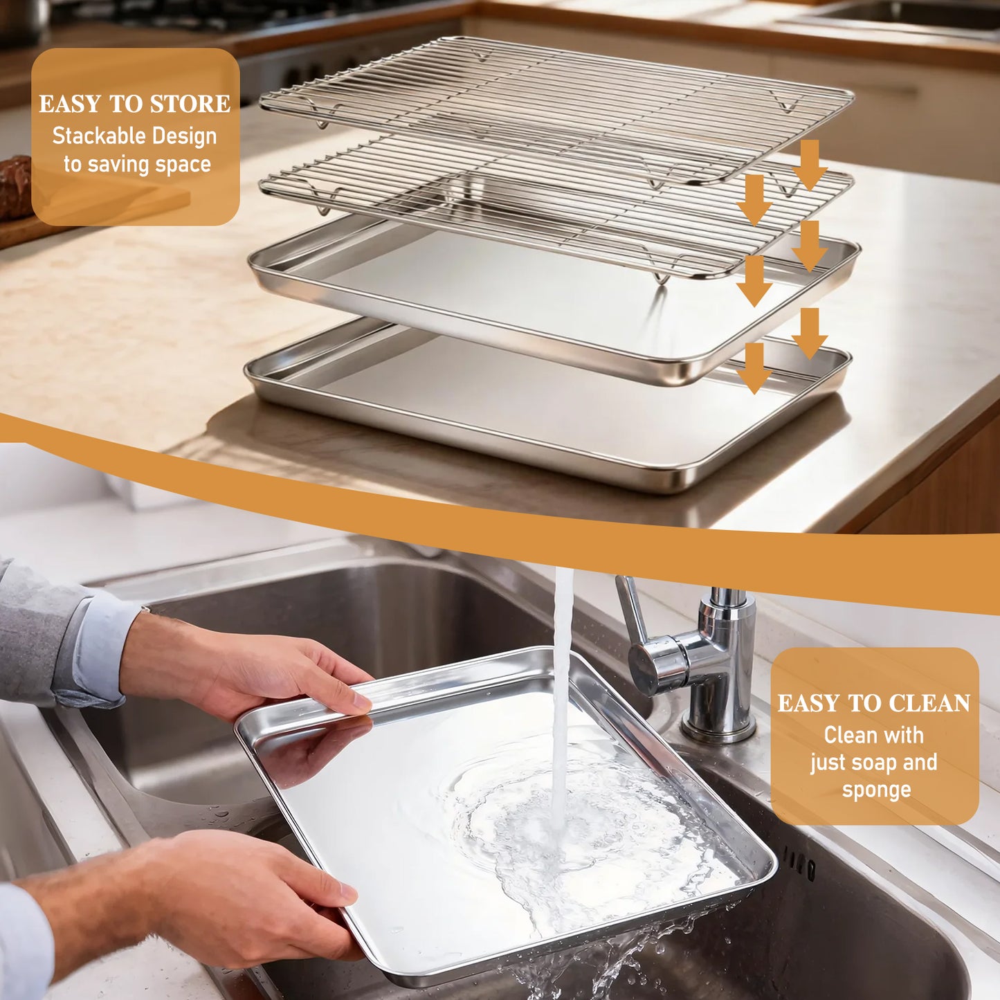 AOKIWO Baking Sheet with Rack Set (2 Pans + 2 Racks), Stainless Steel Baking Pan Cookie Sheet with Cooling Rack, Air Fryer Basket for Baking Grilling Frying