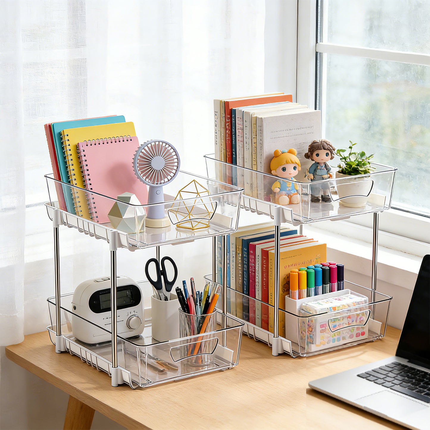 4 Pack Bathroom Organizer, 2 Tier Under Sink Organizers Vanity Countertop Storage Container, Kitchen Cabinet Drawers Bins, Pull-Out Organization for Pantry, Spice, White & Clear
