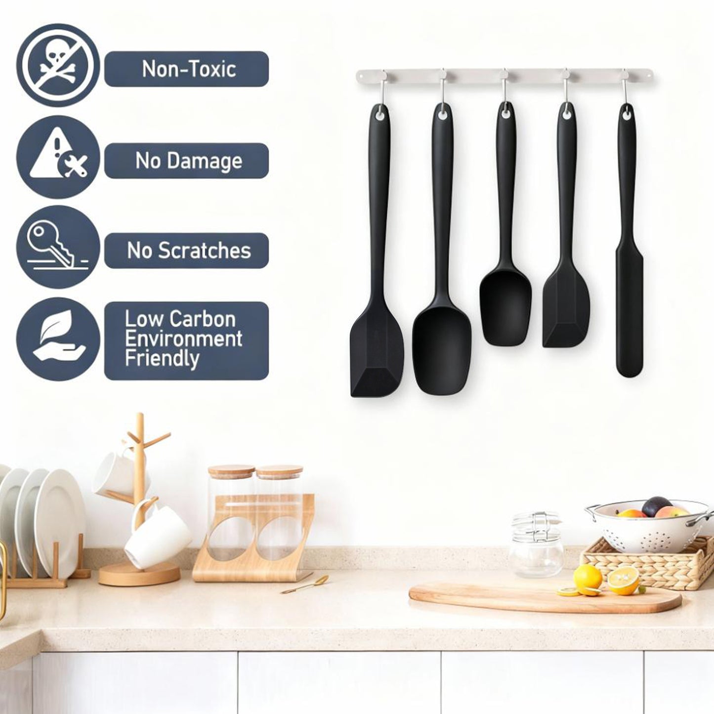 Food Grade Silicone Rubber Spatula Set, TAIMASI 5 Pcs Kithen Cooking Mixing Utensil Set, BPA-Free High Heat Resistant Non Stick Dishwasher-Black