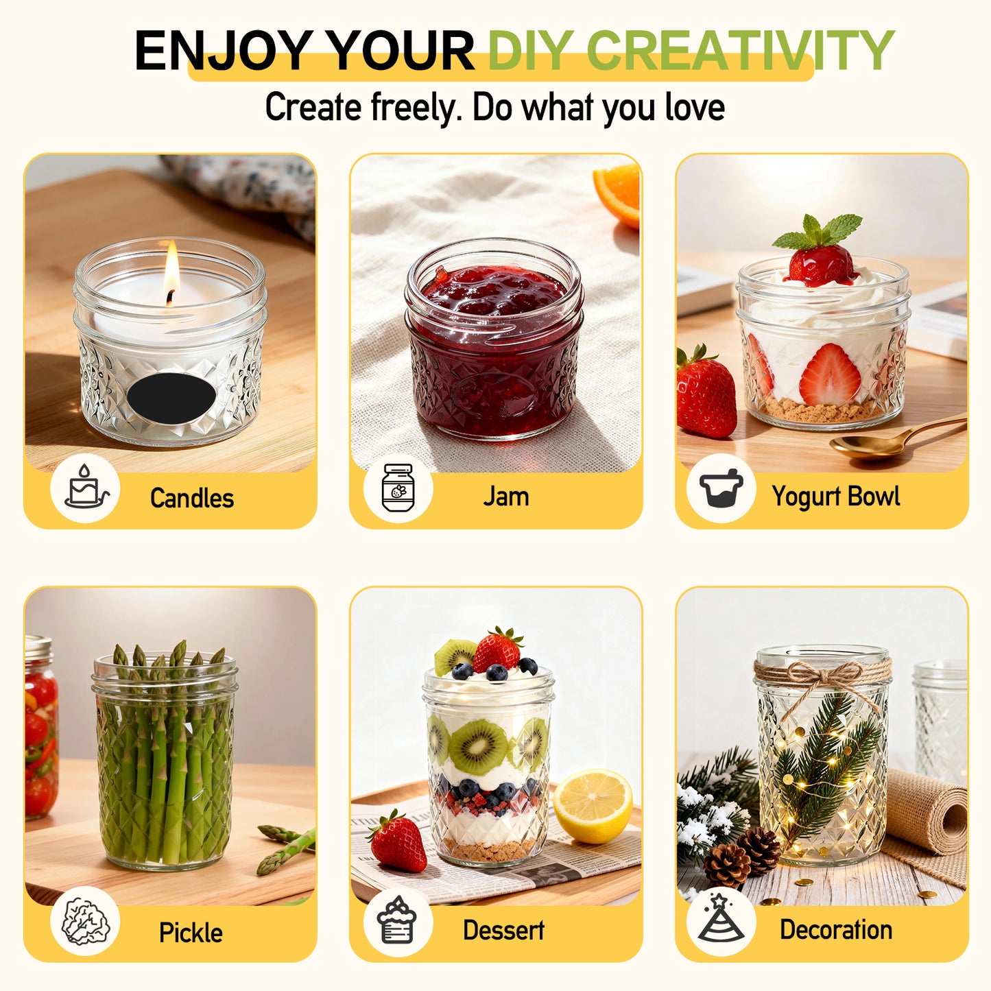 16 Pack Mason Jars Set, 8×16oz Wide Mouth + 8×4oz Regular Mouth Mason Jars with Seal Lids, Labels & Hemp Rope, Glass Canning Jars for Pickling, Jam, Jelly, Honey, Dessert, DIY Candles