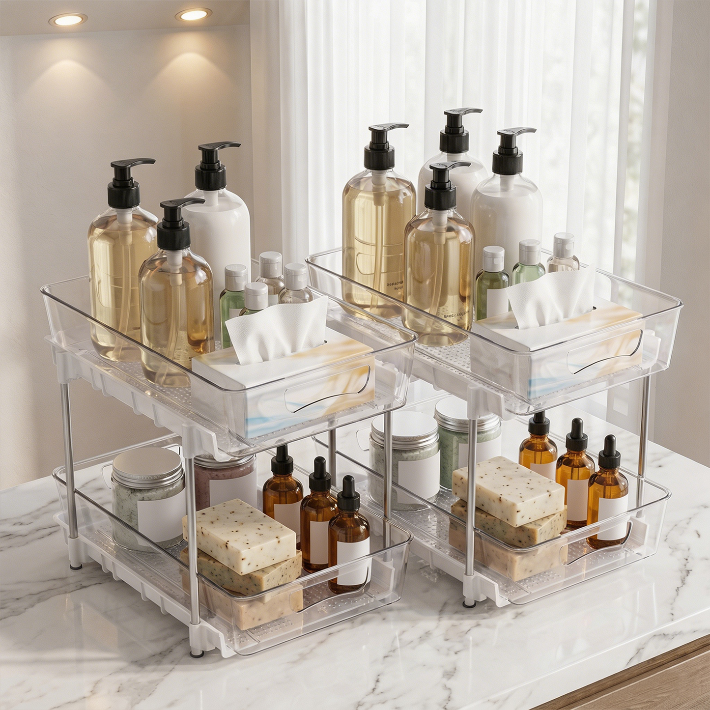 2 Pack Bathroom Organizer, 2 Tier Under Sink Organizers Vanity Countertop Storage Container, Kitchen Cabinet Drawers Bins, Pull-Out Organization for Pantry, Spice, White & Clear