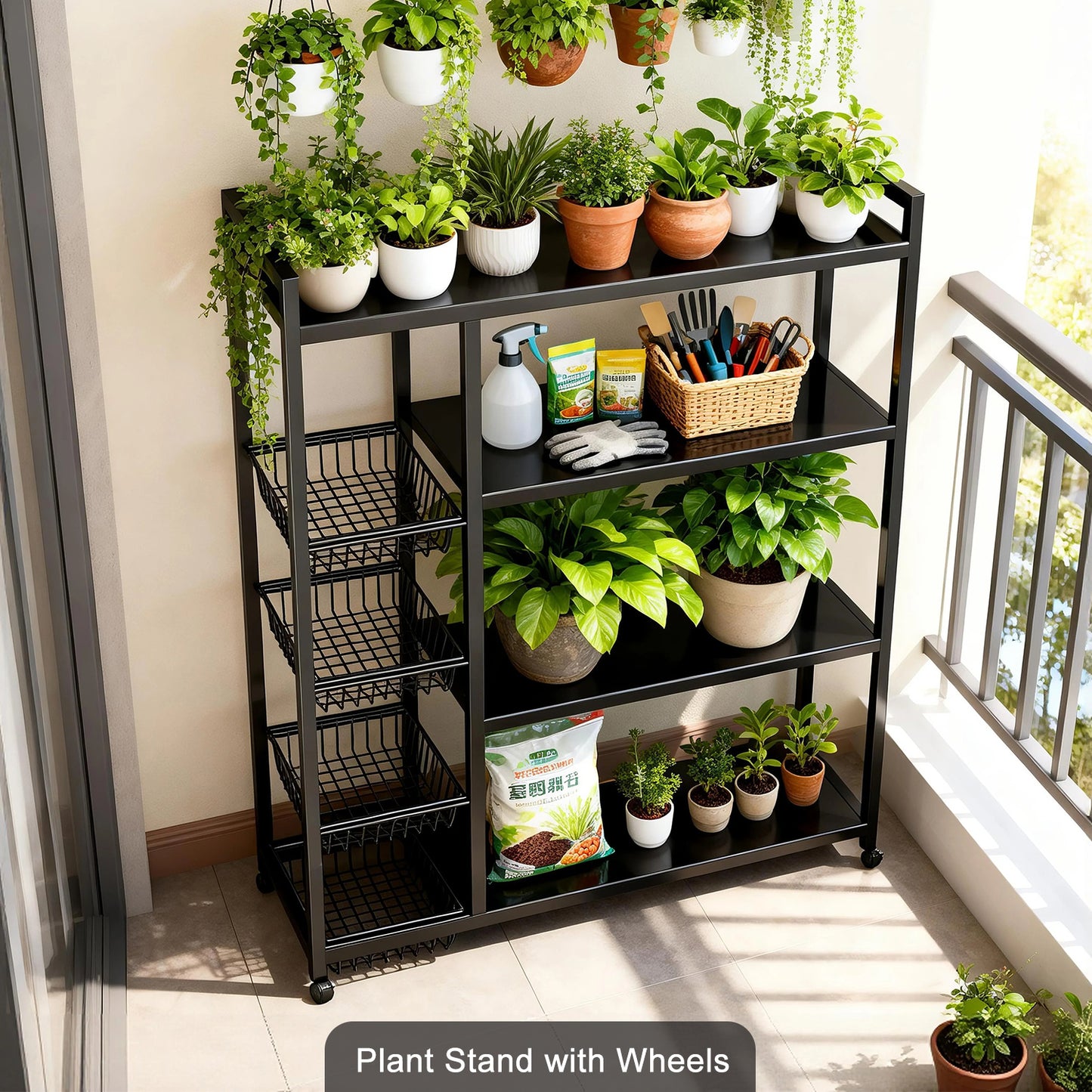 Movable Wire Rack, Heavy-Duty 4-Tier Storage Shelf with 4 Baskets and Wheels, Metal Shelves Organizer for Kitchen, Bathroom, Office, Garage, 39.37''L*12.59''W*53.14''H