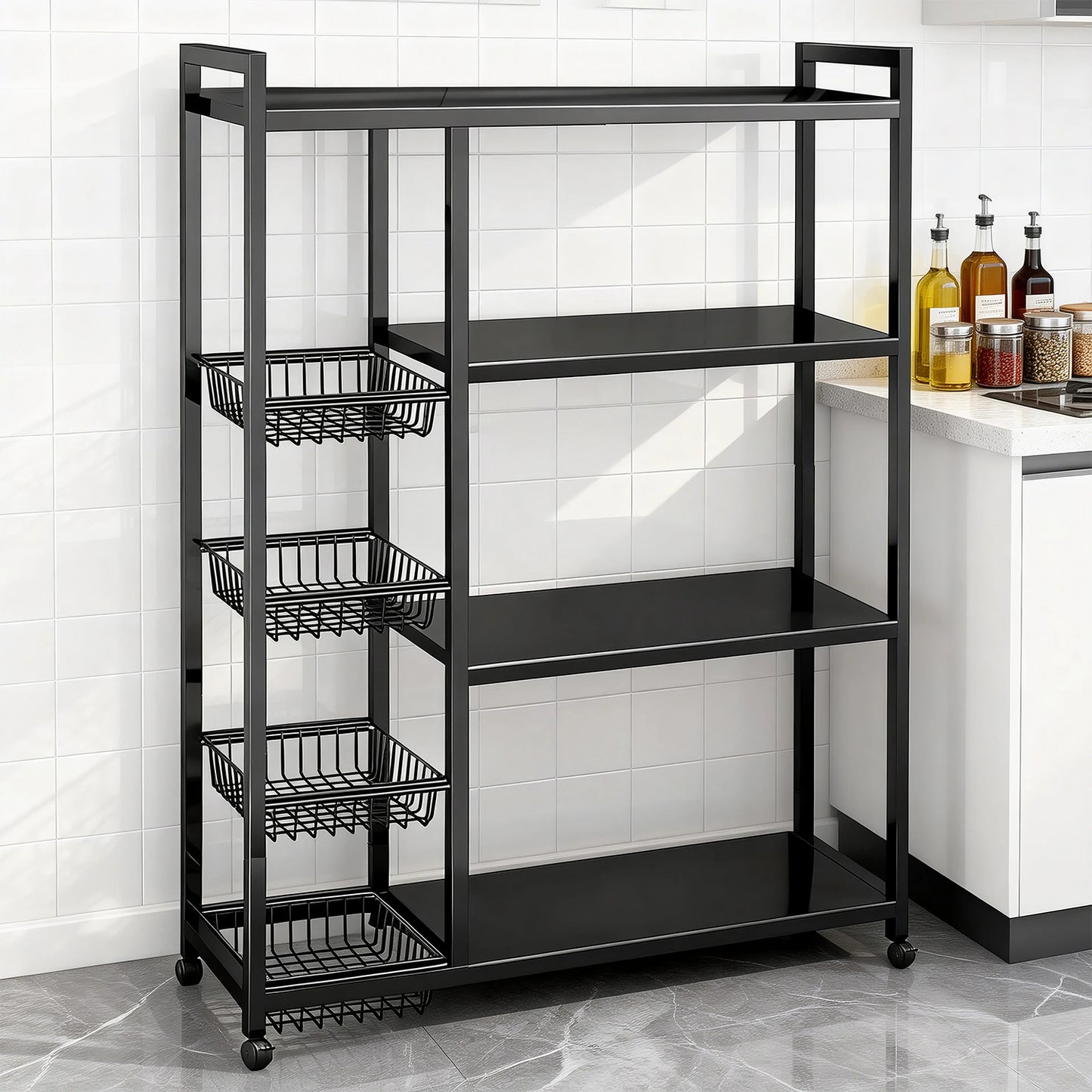 Movable Wire Rack, Heavy-Duty 4-Tier Storage Shelf with 4 Baskets and Wheels, Metal Shelves Organizer for Kitchen, Bathroom, Office, Garage, 39.37''L*12.59''W*53.14''H