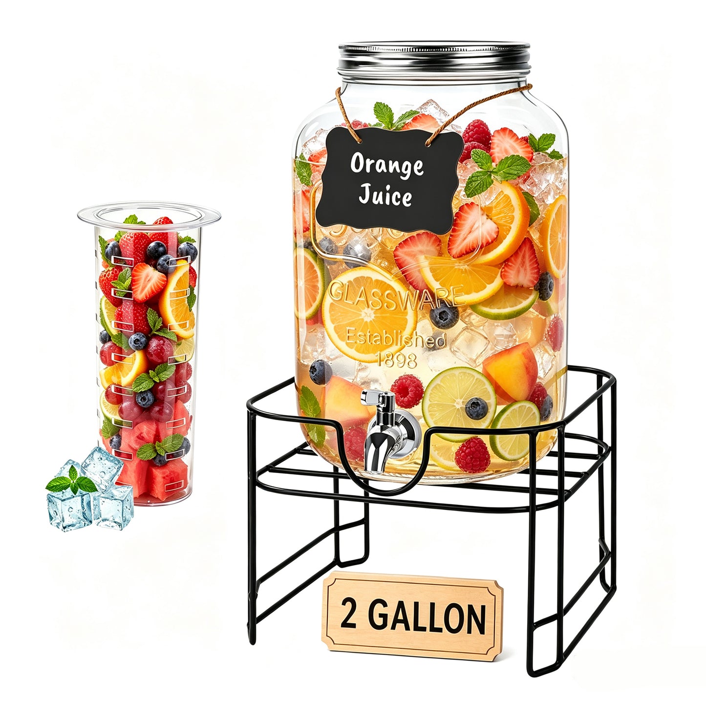 Drink Dispensers, TAIMASI 2 Gallon Glass Beverage Dispenser with Stand & Stainless Steel Spigot for Parties, Lemonade Dispenser for Sun Tea, Picnic