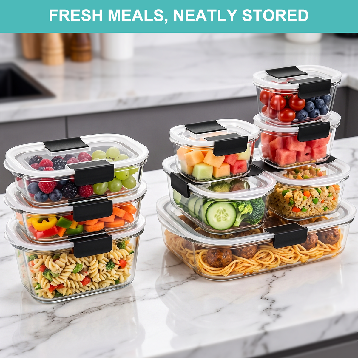 30 Pcs Glass Food Storage Containers with Lids, Glass Meal Prep Container Sets with Snap Airtight Lids, Meal Prep Containers with Sauce Cups, Microwave, Oven, Freezer & Dishwasher Safe, Leak-Proof