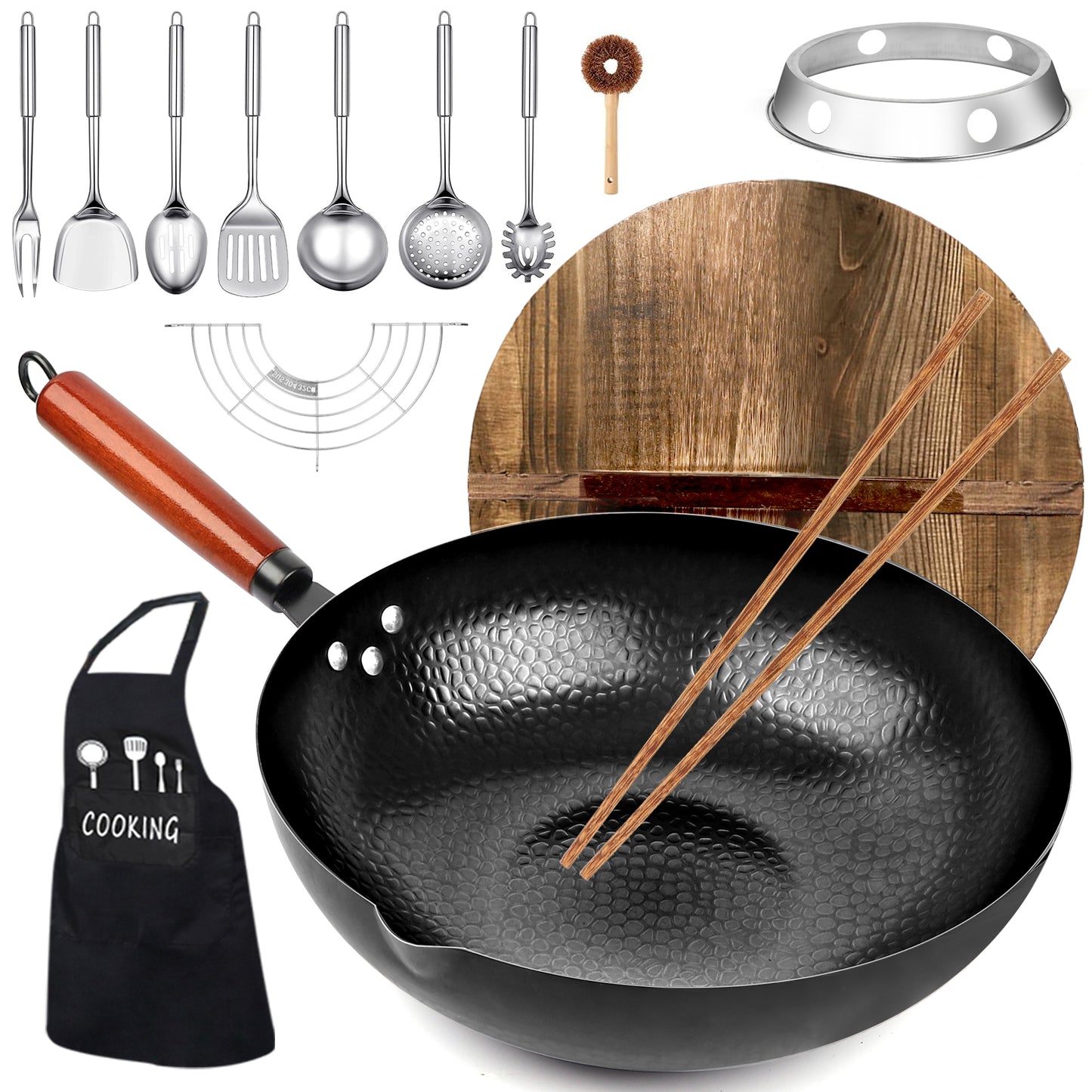 KAQINU Carbon Steel Wok Pan, 14 Piece Woks & Stir-Fry Pans Set with Wooden Lid Cookwares, No Chemical Coated Flat Bottom Chinese Pan for Induction, Electric, Gas, Halogen All Stoves - 12.6''