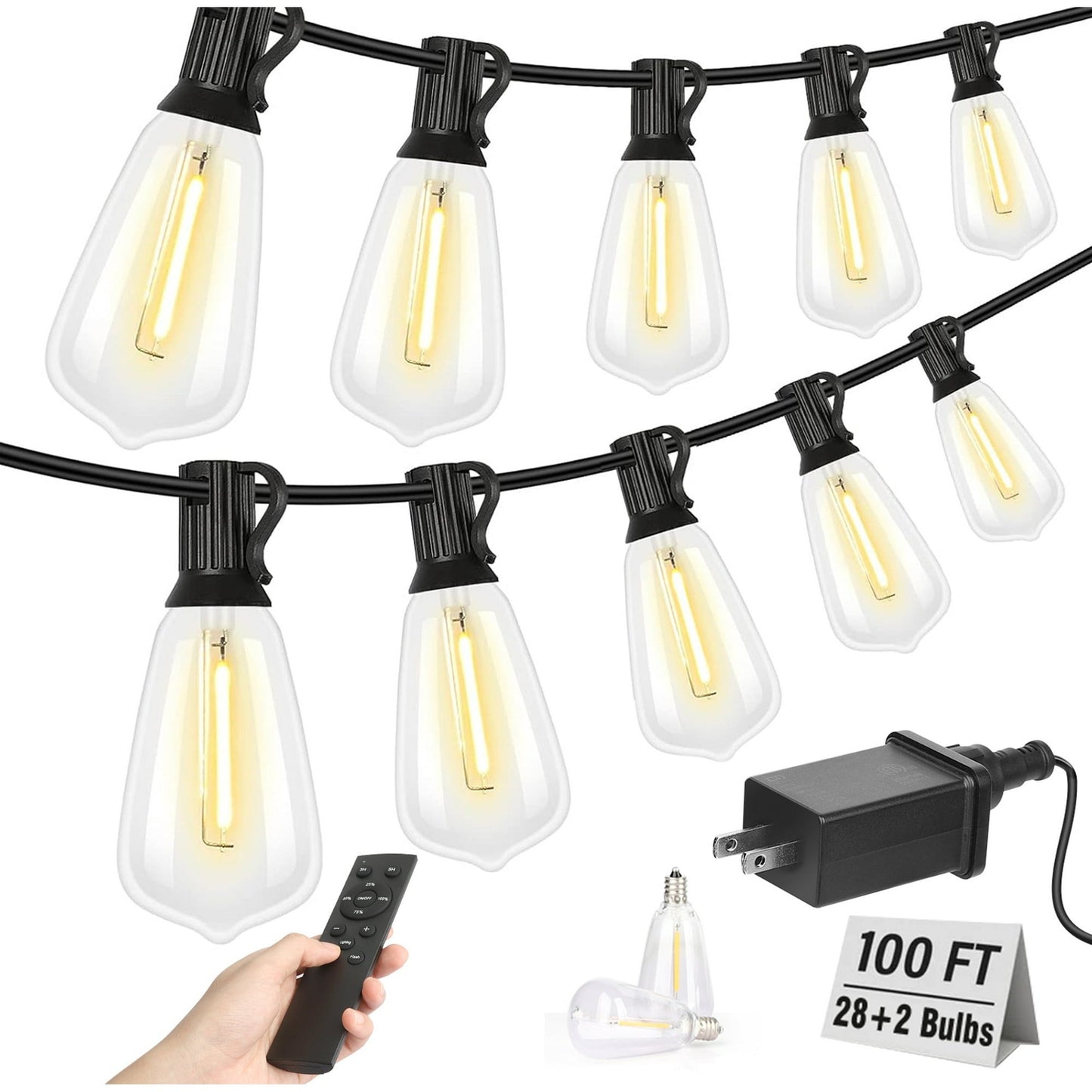 Outdoor String Led Patio Lights, 100Ft Waterproof Light 28 Bulbs+2 Spares with Remote Dimmable ST38 Shatterproof Bulb, for Backyard Yard Porch Party