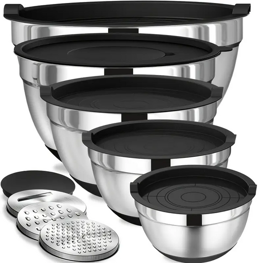 AOKIWO Mixing Bowls with Airtight Lids, 8PCS Stainless Steel Bowls Set with 3 Grater Attachments, Kitchen Bowls with Non-Slip Bottoms, Size 5, 4, 3.5, 2, 1.5 QT for Mixing & Serving, Black