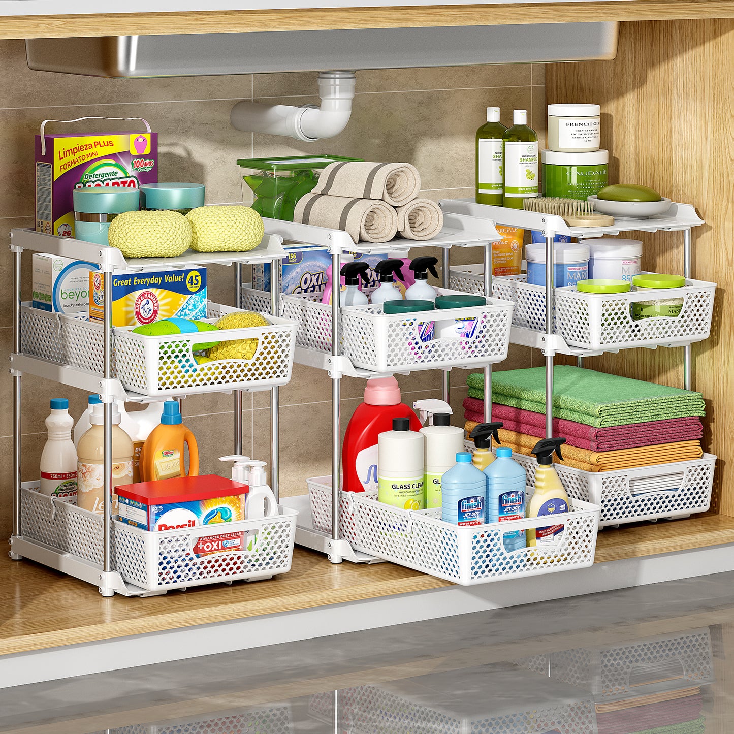 TAIMASI Pull-Out 3 Tier Bathroom Organizers and Storage, Under Sink Organizer, Kitchen Cabinet Organizer White, 3 (Count)
