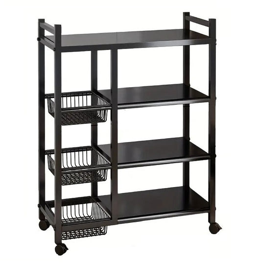 4-Tier Movable Storage Rack, Heavy-Duty Metal Shelf with 3 Wire Baskets and Wheels, Metal Shelves Organizer for Kitchen, Bathroom, Office, Garage