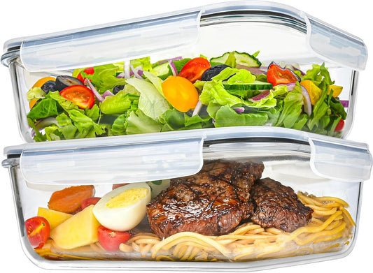 TAIMASI 4 Pcs Glass Food Storage Containers Set, 8 Cup/63 Oz Baking Containers with Leak-Proof Lids (2 containers + 2 Lids), Meal Prep, Lunch Box, Gray