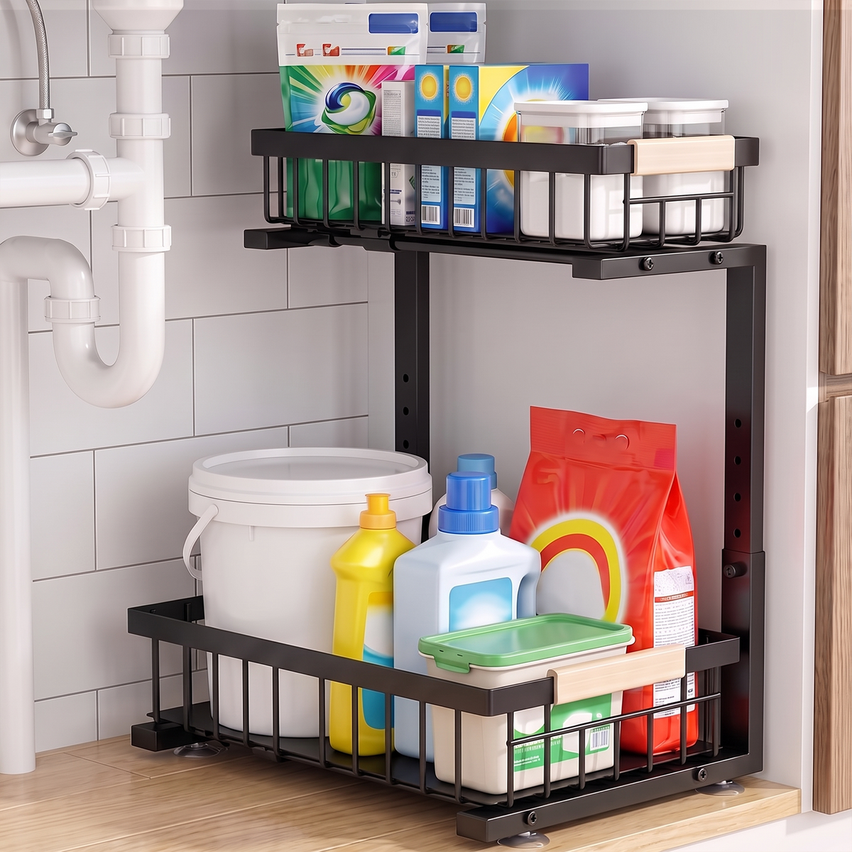 TAIMASI 1 Pack Under Sink Organizers and Storage, 2-Tier Pull Out Cabinet Organizer with Sliding Drawer, Adjustable Height Metal Bathroom Sink Organizer for Kitchen Pantry Closet, Black