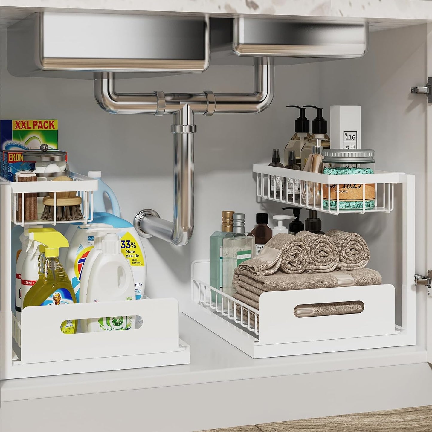 2 Pack Under Sink Organizer and Storage, Pull Out Cabinet Organizer Slide Out Sink Shelf Cabinet Storage Shelves, Under Sink Storage for Kitchen Bathroom Cabinet,White