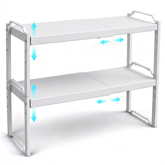 2 Pack Expandable Cabinet Organizer Shelves, Stackable Kitchen Countertop and Pantry Storage, Adjustable Cupboard Shelf Rack, Length 20.5"