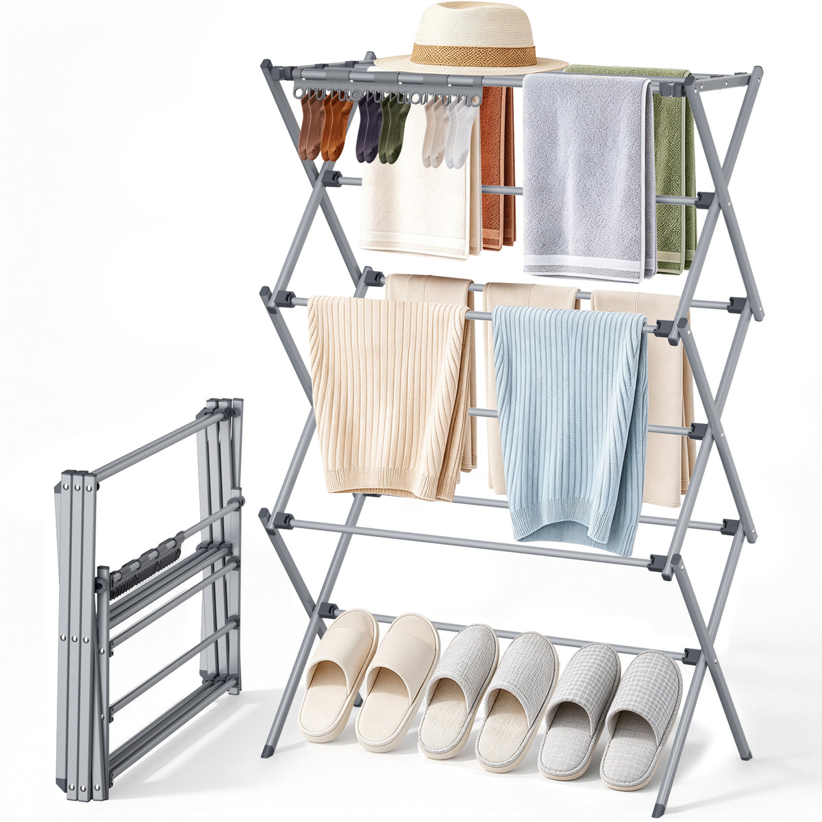 3-Tier Foldable Clothes Drying Rack, Portable Metal Drying Rack Clothing, Collapsible Laundry Drying Rack, Antirust Clothing Rack for Indoor Outdoor Air Drying, 13.4" D x 28.7" W x 45.7" H, Gray
