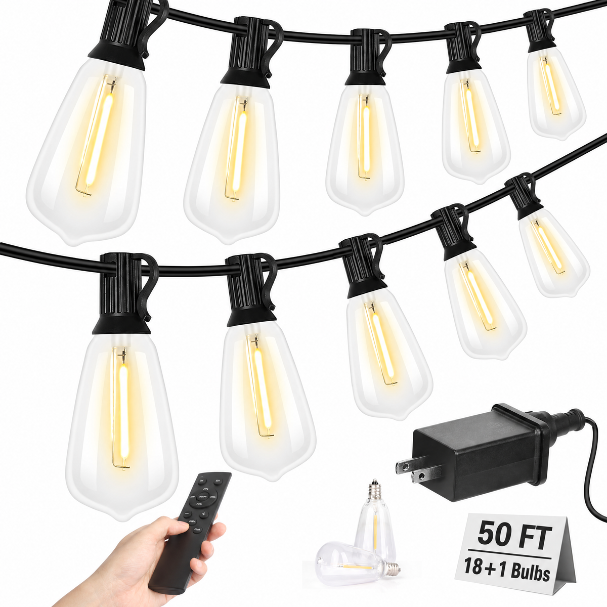 Outdoor String Led Patio Lights, 50Ft Waterproof Light 18 Bulbs+1 Spares with Remote Dimmable ST38 Shatterproof Bulb, for Backyard Yard Porch Party