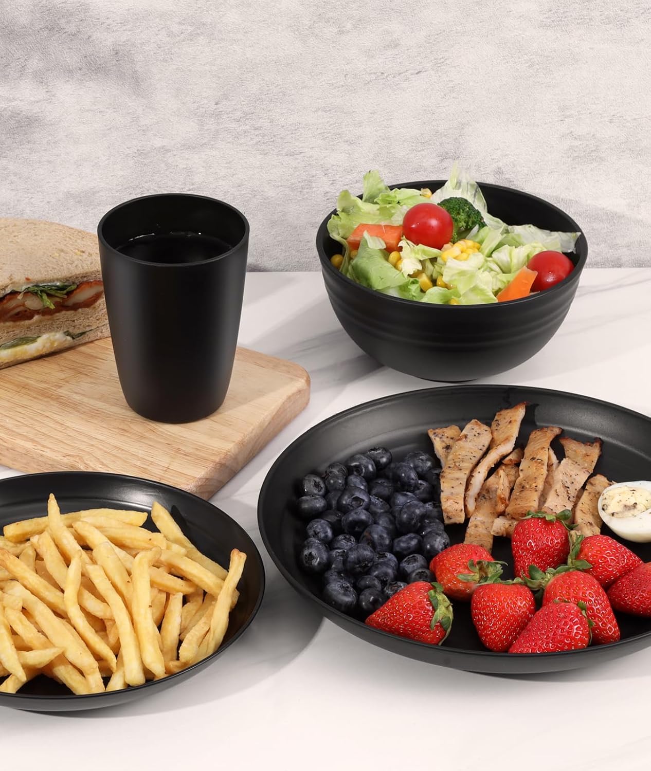 AOKIWO 32 Piece Plates and Bowls Sets for 8, Unbreakable Dinnerware Sets, Plastic Dish Set for Camping, Dishwasher Microwave Safe, Plate,Bowl Cup Set for Outdoor Kitchen Apartment, Black