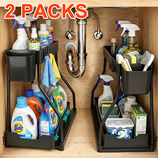 2 Pack Under Sink Organizer, 2 Tier L-Shaped Pull Out Cabinet Organizer for Kitchen and Bathroom, Space Saving Sliding Drawer Storage Rack, Durable Plastic Narrow Space Shelves, Black