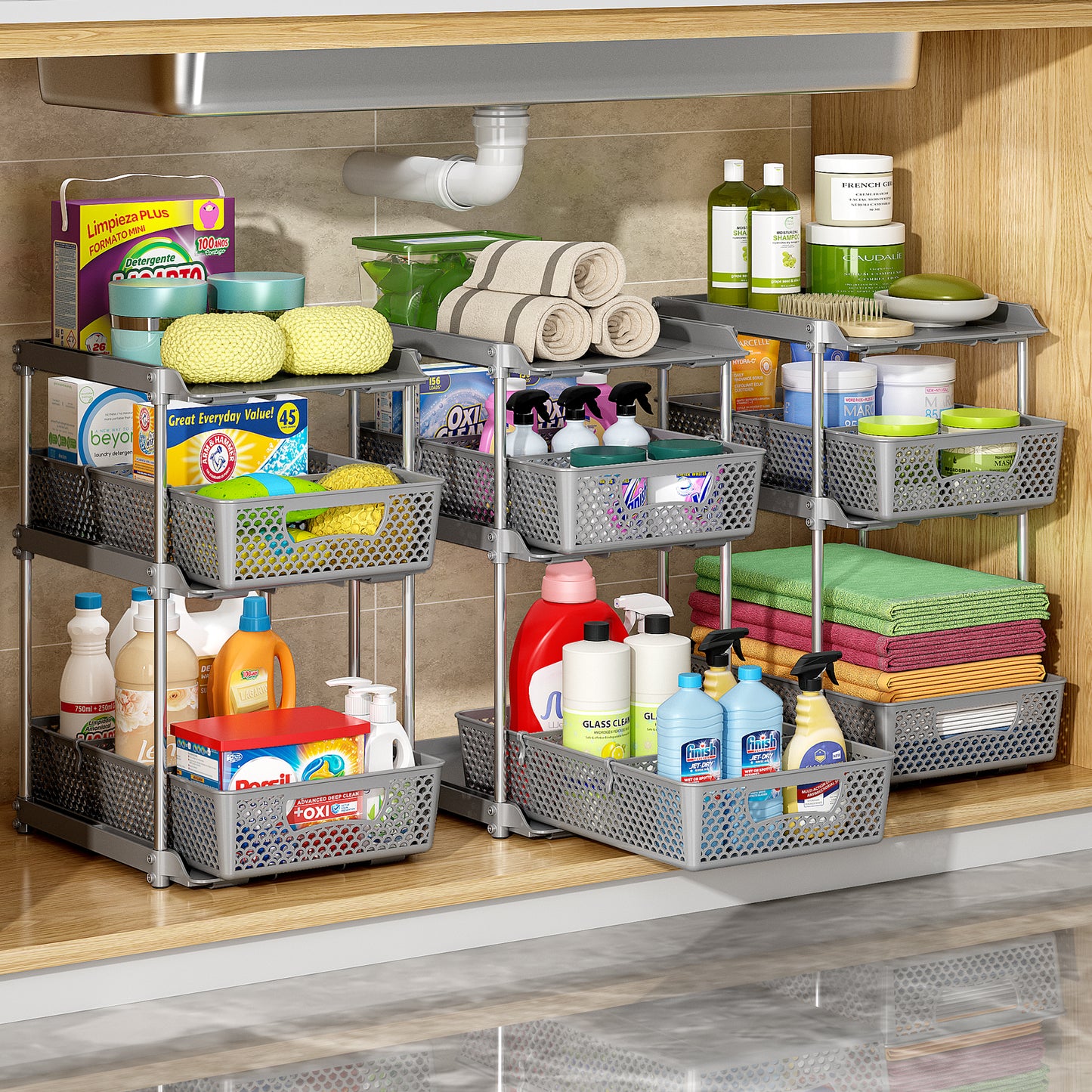 TAIMASI Pull-Out 3 Tier Bathroom Organizers and Storage, Under Sink Organizer, Kitchen Cabinet Organizer Gray, 3 (Count)