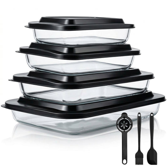11 Pcs Deep Glass Baking Dish Set with lids/Egg Separator/Brush/Spatula, Rectangular Glass Baking Pans Bakeware Set for Lasagna, Leftovers, Cooking, Freezer-to-Oven, Black