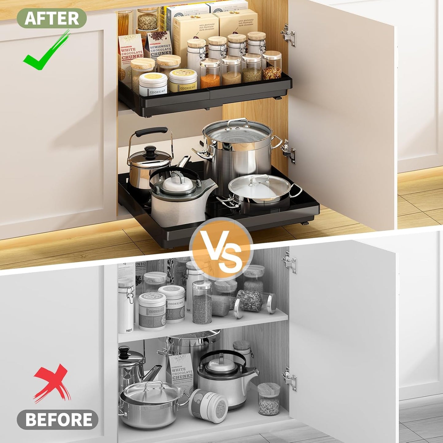 2 Pcs Pull Out Cabinet Organizers Expandable (11.6''-17.5''), Plastic Slide Out Drawers for Kitchen, Bathroom, Pantry, Under Sink, Pull Out Drawers Fixed with Adhesive Nano Film (Black)