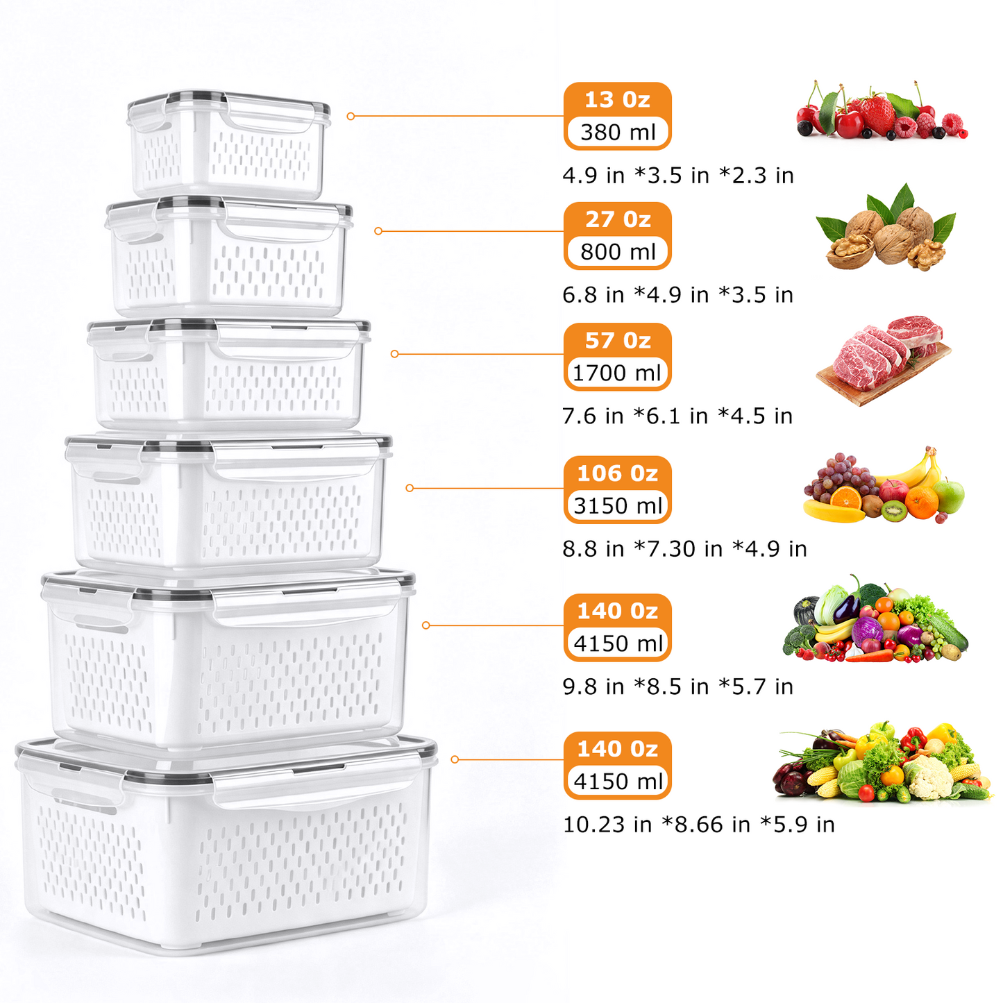 6 Pack Fruit Storage Containers for Fridge with Removable Colanders and Lids, 6 in 1 Leakproof Fridge Organizer Bins for Salad Berry Lettuce Vegetables Meat Keeper Fresh