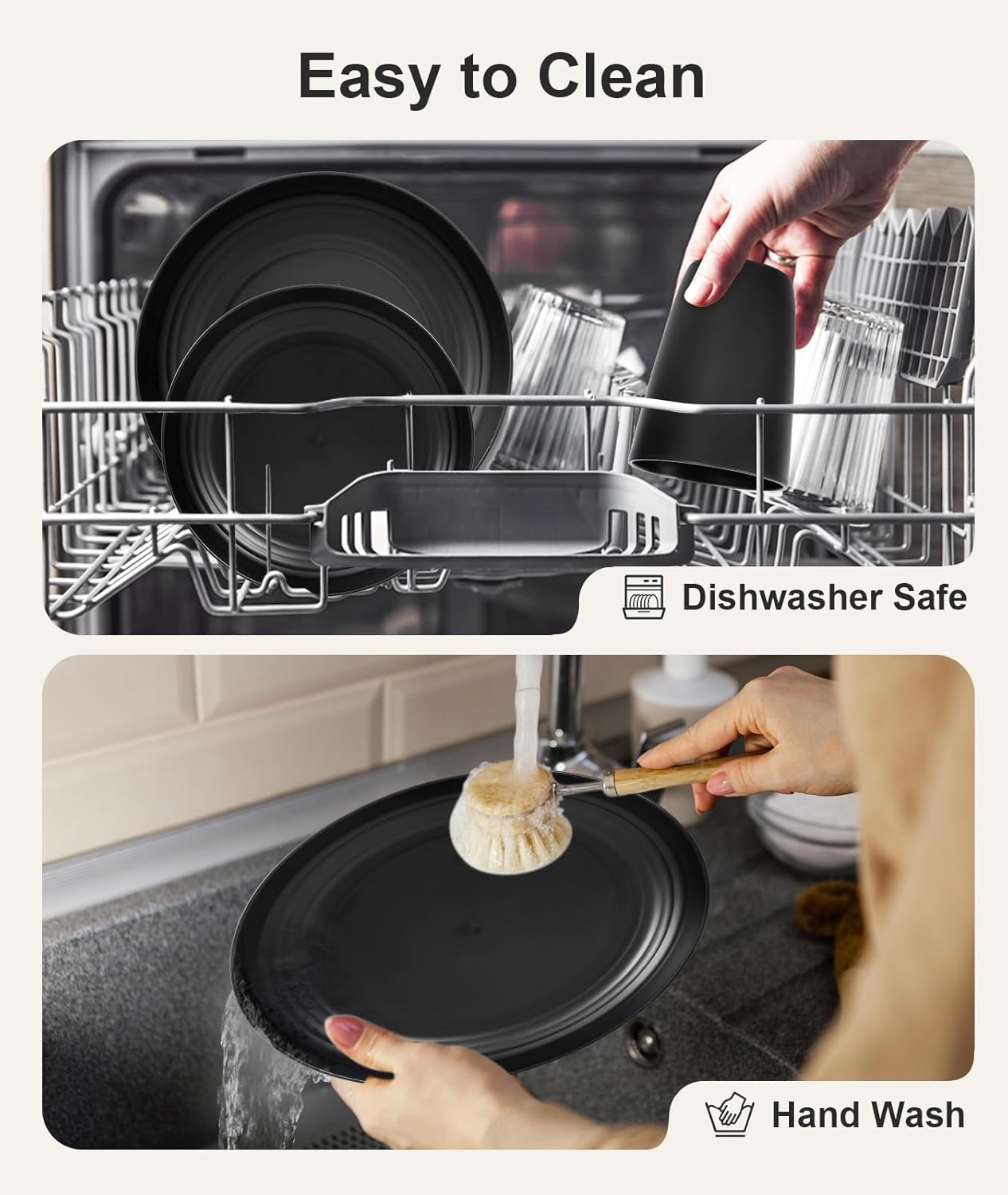 AOKIWO 32 Piece Plates and Bowls Sets for 8, Unbreakable Dinnerware Sets, Plastic Dish Set for Camping, Dishwasher Microwave Safe, Plate,Bowl Cup Set for Outdoor Kitchen Apartment, Black