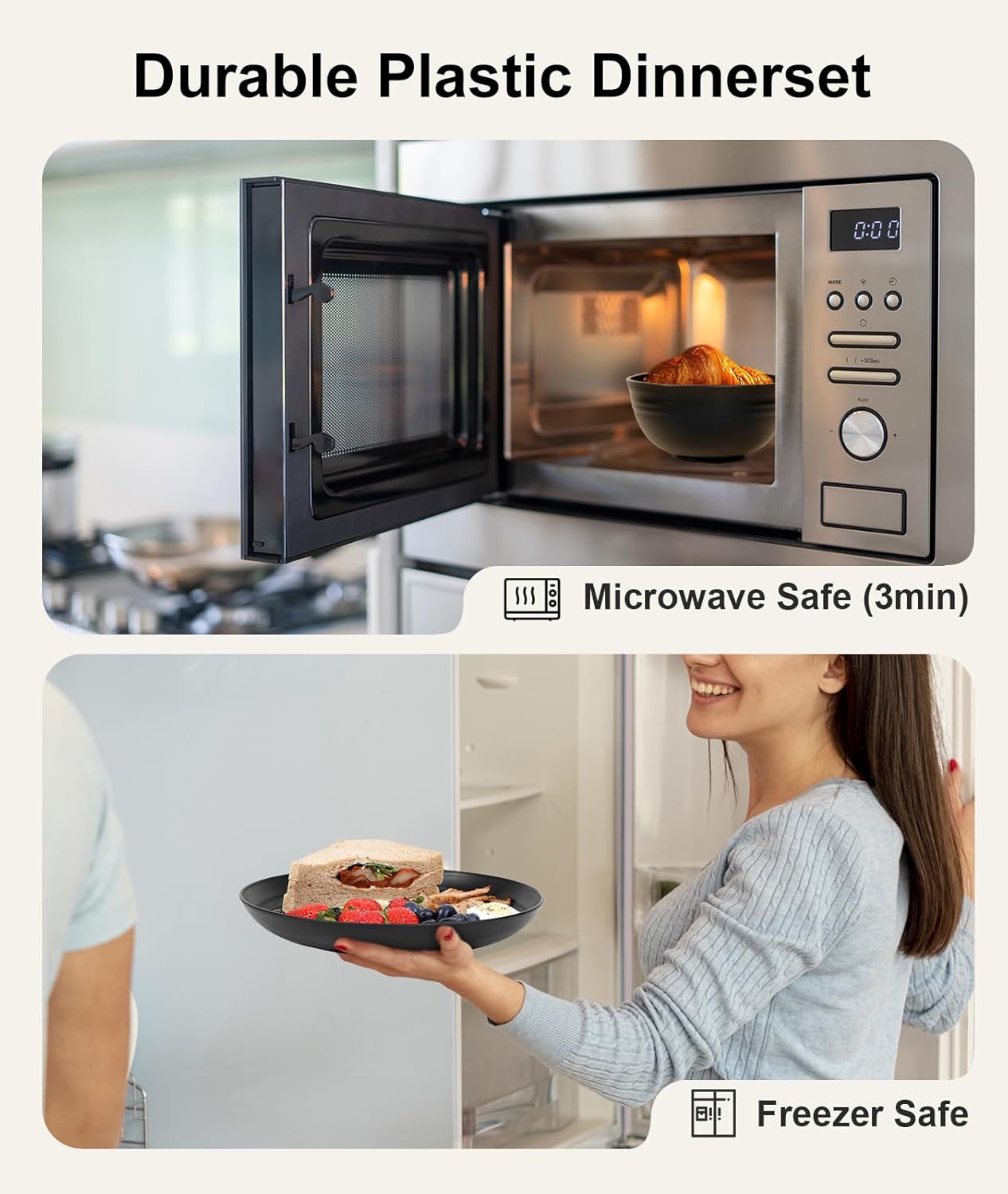 AOKIWO 32 Piece Plates and Bowls Sets for 8, Unbreakable Dinnerware Sets, Plastic Dish Set for Camping, Dishwasher Microwave Safe, Plate,Bowl Cup Set for Outdoor Kitchen Apartment, Black