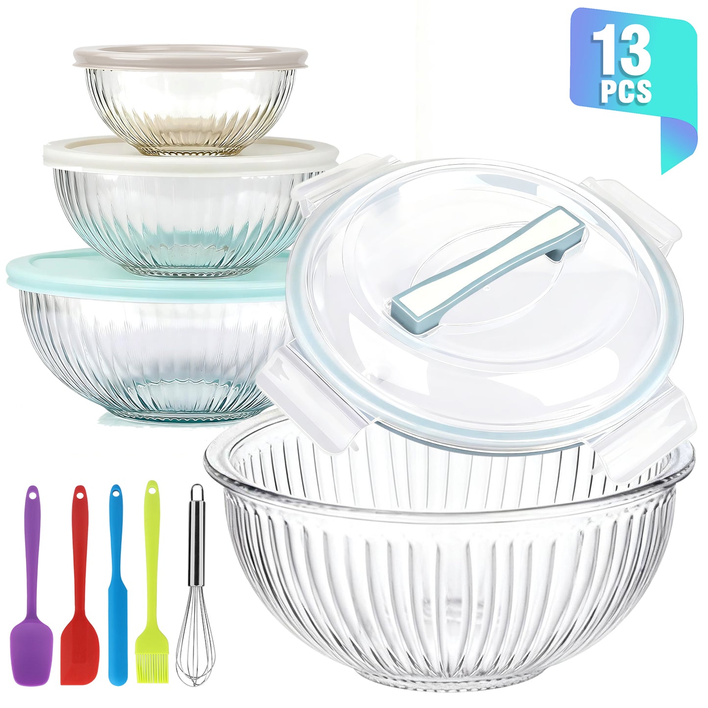 Glass Mixing Bowls Set, AOKIWO 9 Pack 4 Size Glass Food Mixing Bowls with BPA-Free Lids & Baking Tools, Nesting Storage Bowls for Kitchen, Great for Prep, Baking, Serving