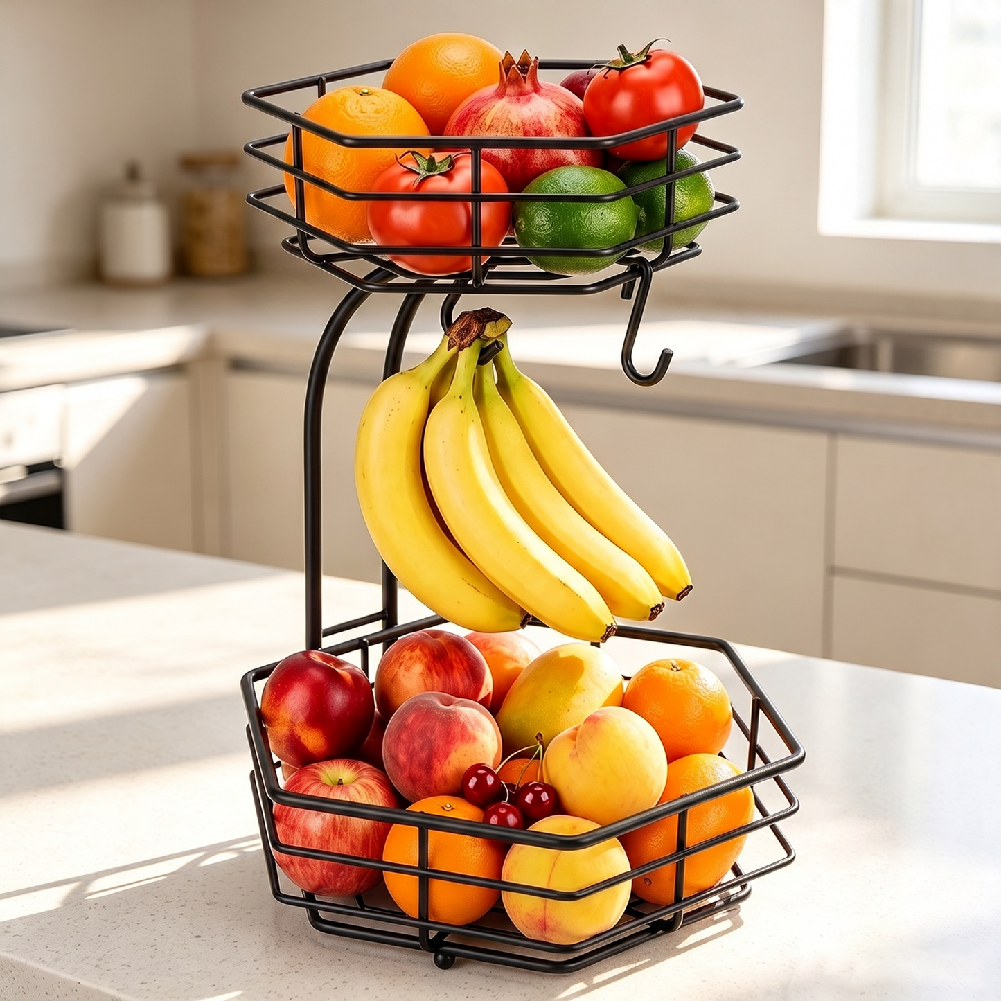 2 Tier Detachable Metal Fruit Basket for Kitchen Counter with 2 Banana Hangers, TAIMASI Stackable Hexagonal Metal Fruit Bowl for Bread Vegetable Fruits, Black