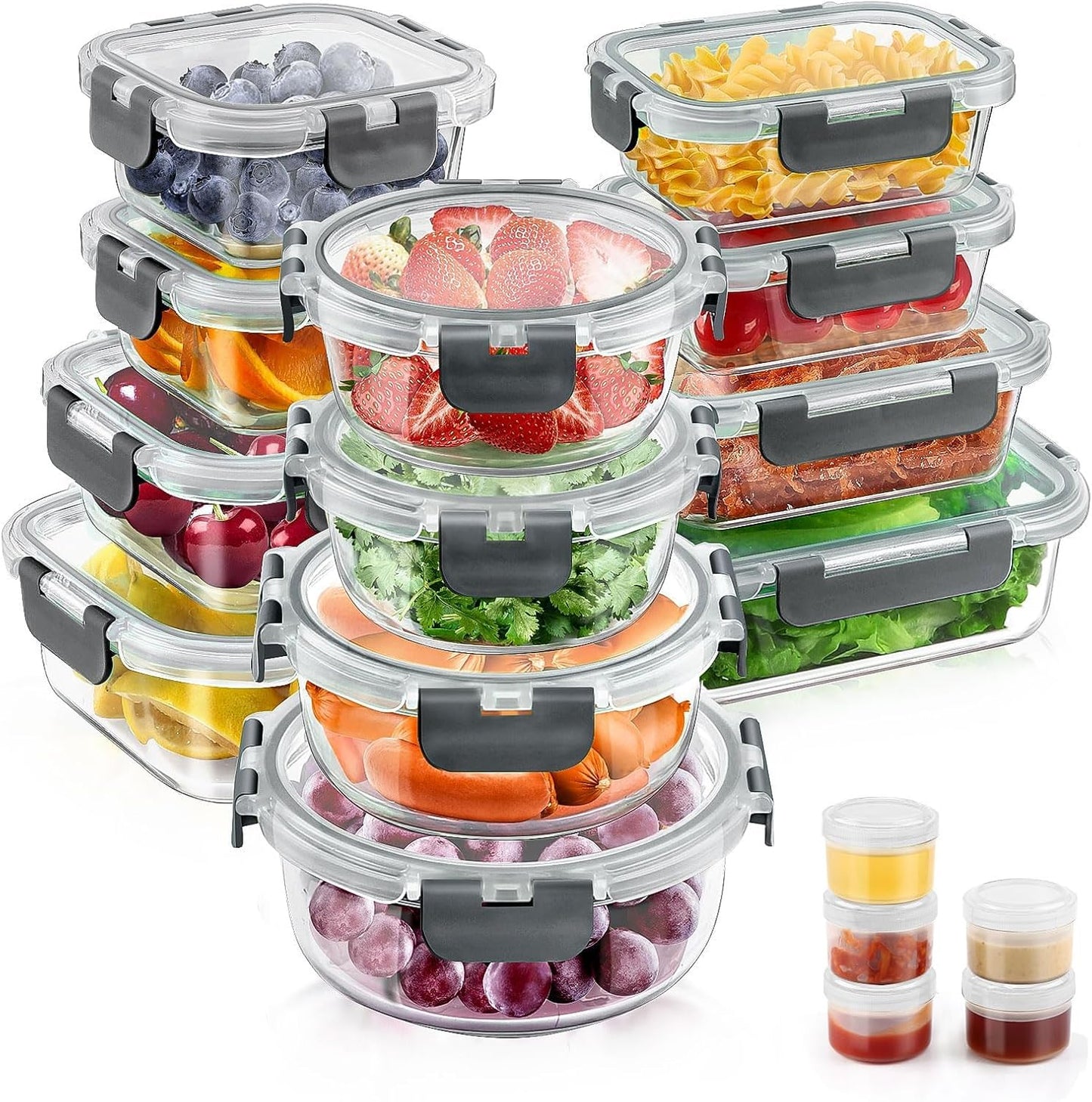 AMALEKO 34pcs Glass Food Storage Containers with Lids Set, Airtight Glass Meal Prep Containers (17 Containers & 17 Lids), Leak Proof Lunch Container BPA-Free, Microwave, Oven, Freezer, Dishwasher Safe-Grey