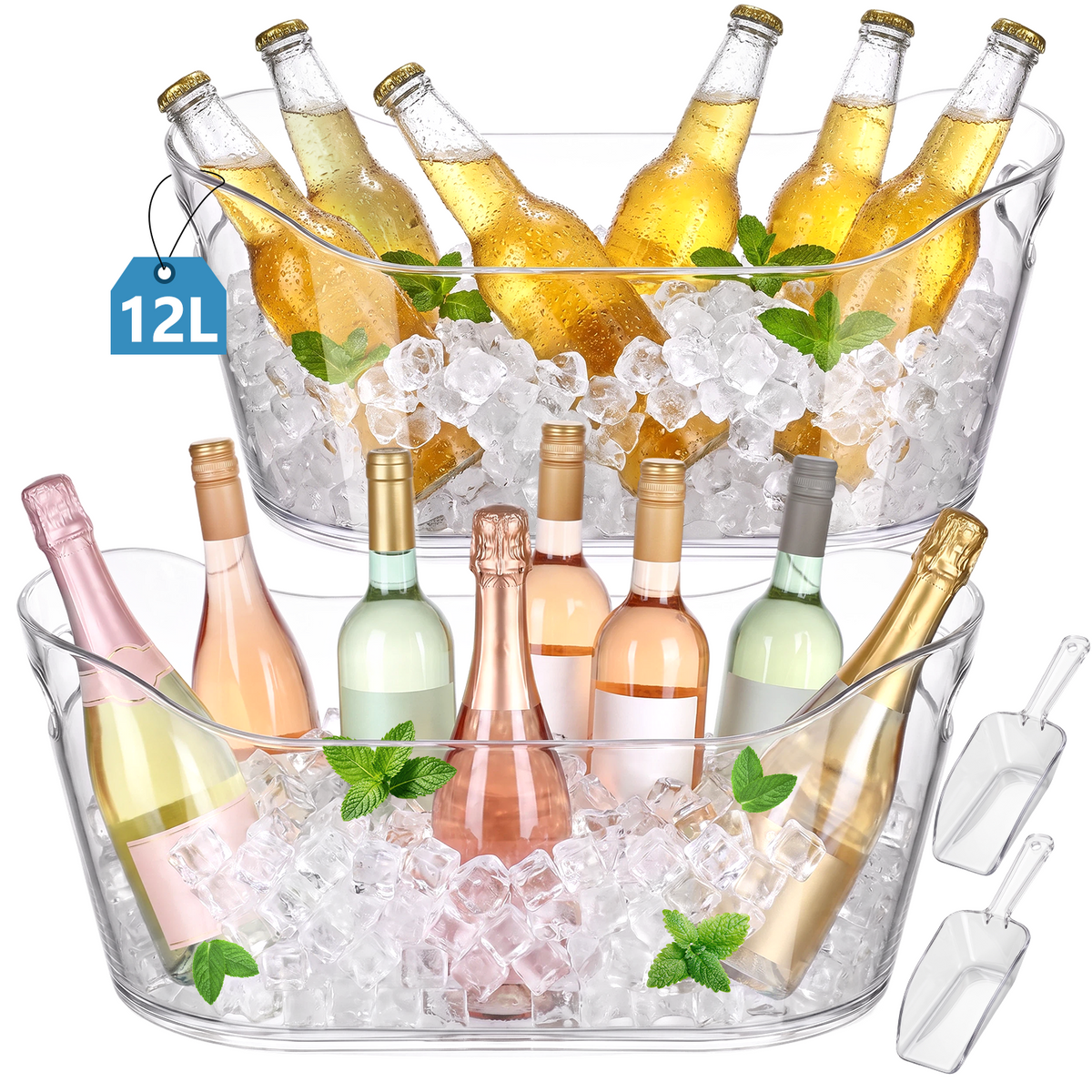 12L Plastic Ice Bucket for Parties with Scoop, TAIMASI 2 Packs BPA Free Large Capacity Drop-Resistant Beverage Tub for Wine, Beer, Juice, Portable Cooler for Outdoor Cocktail Mimosa & Soda Bar