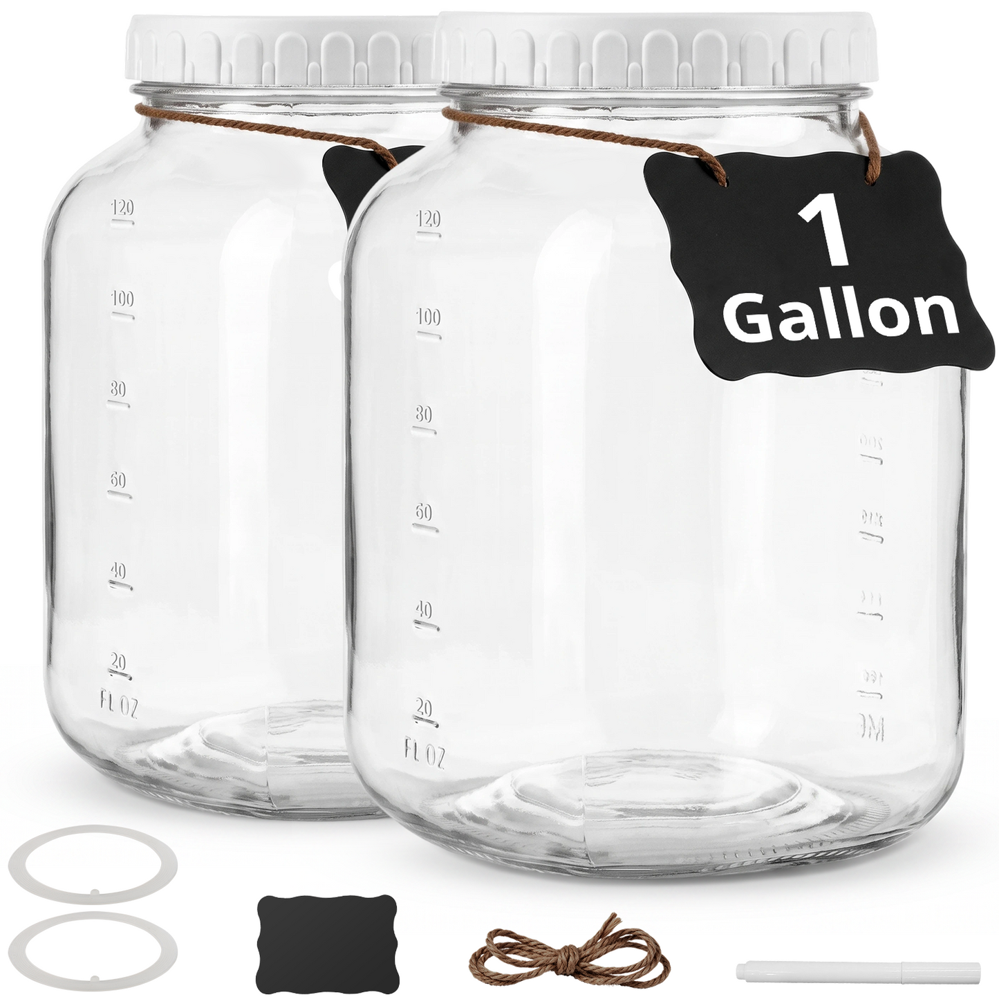 1 Gallon Clear Glass Jar with Lid, TAIMASI 2 Pack Wide-Mouth Large Mason Jars with Silicone Gasket, 2 Scale Mark, Glass Storage Container for Canning, Pickling, Storing Food