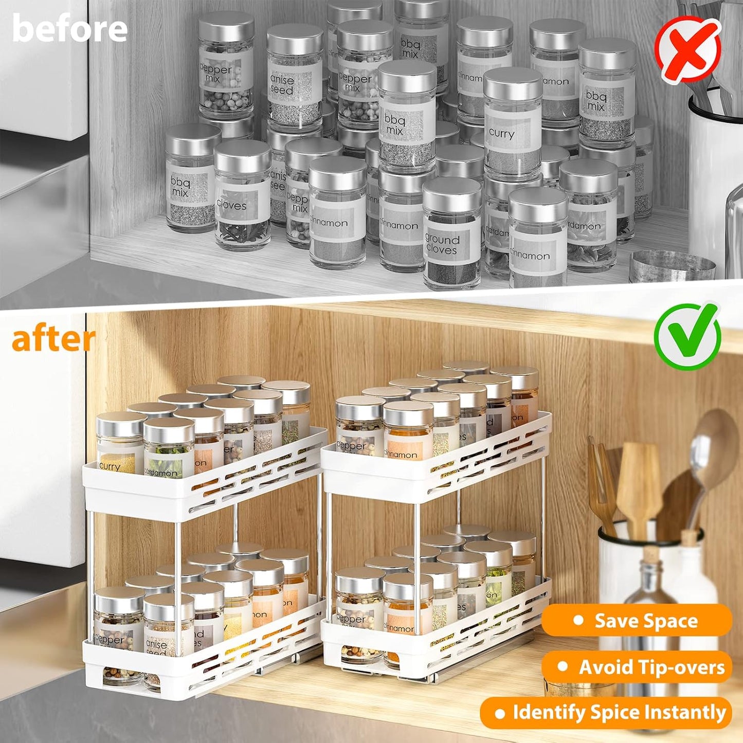 2 Tier Pull Out Spice Rack Organizer for Cabinet, 3 Packs Slide Out Spice Racks Organizer, Spice Cabinet Organizers, Cabinet Size Need:12'' Highx11'' Deepx5'' Wide, White