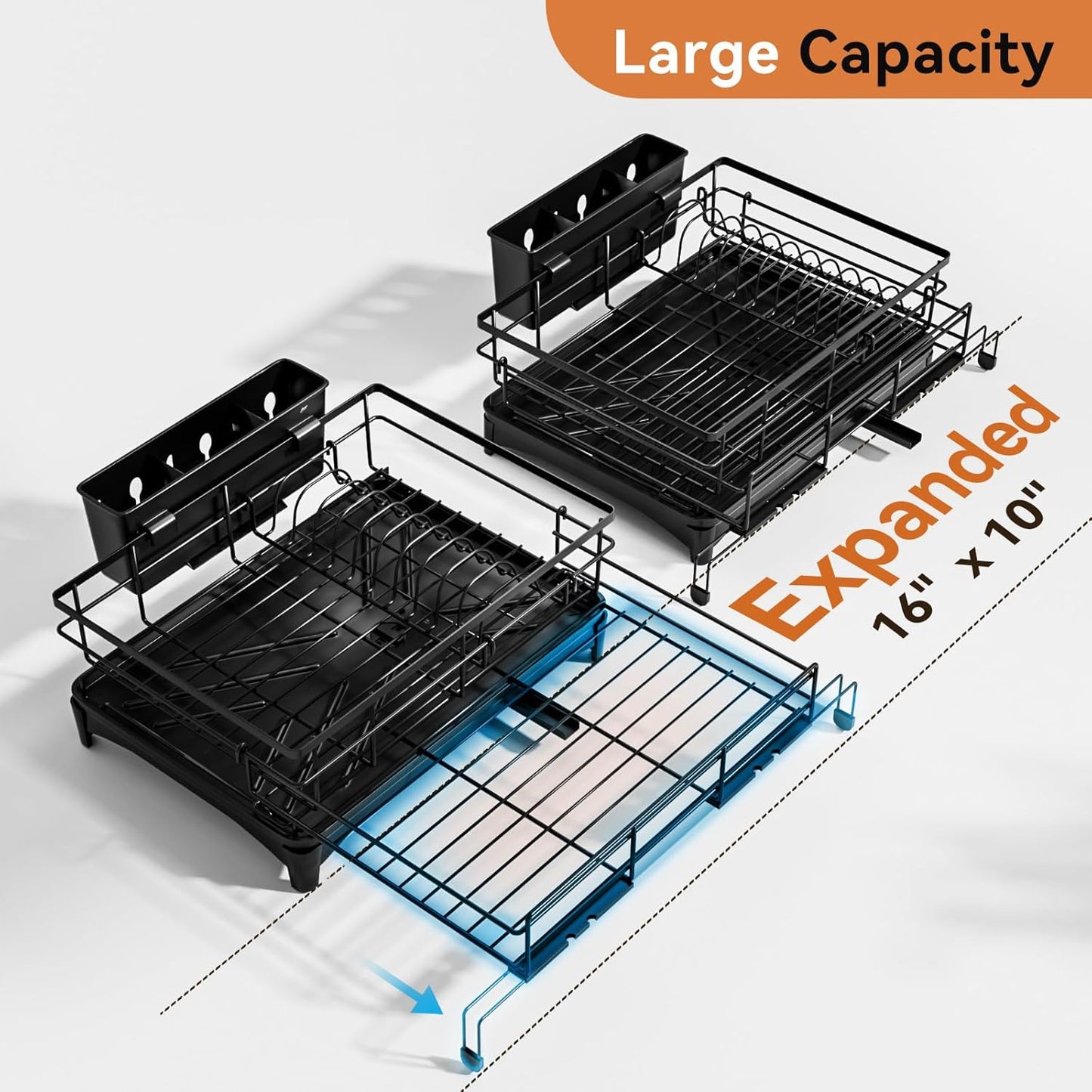 Dish Drying Rack - Extendable Dish Rack, AOKIWO Large Capacity Drying Drainer for Kitchen Counter, Stainless Steel Rust-Proof with Utensil Holder, Black