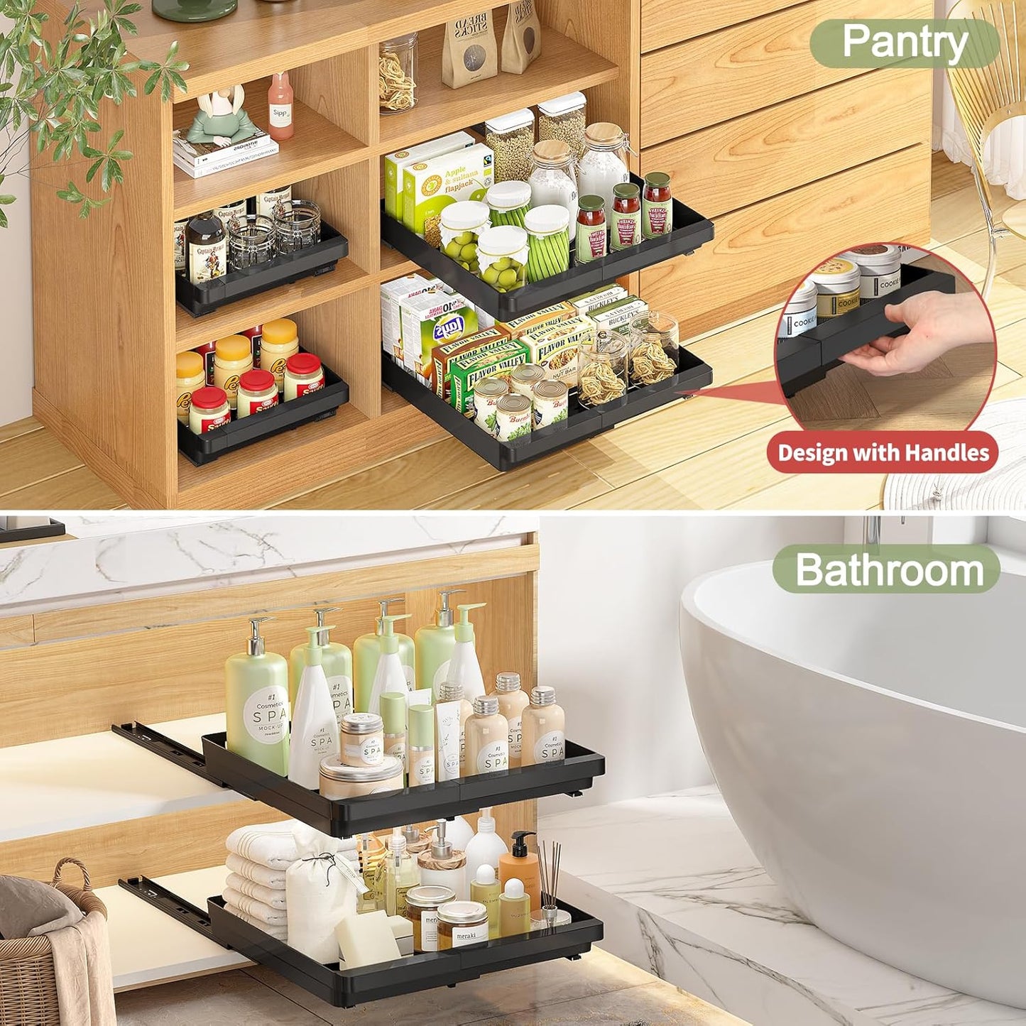 2 Pcs Pull Out Cabinet Organizers Expandable (13''-19''), Plastic Slide Out Drawers for Kitchen, Bathroom, Pantry, Under Sink, Pull Out Drawers Fixed with Adhesive Nano Film (Black)