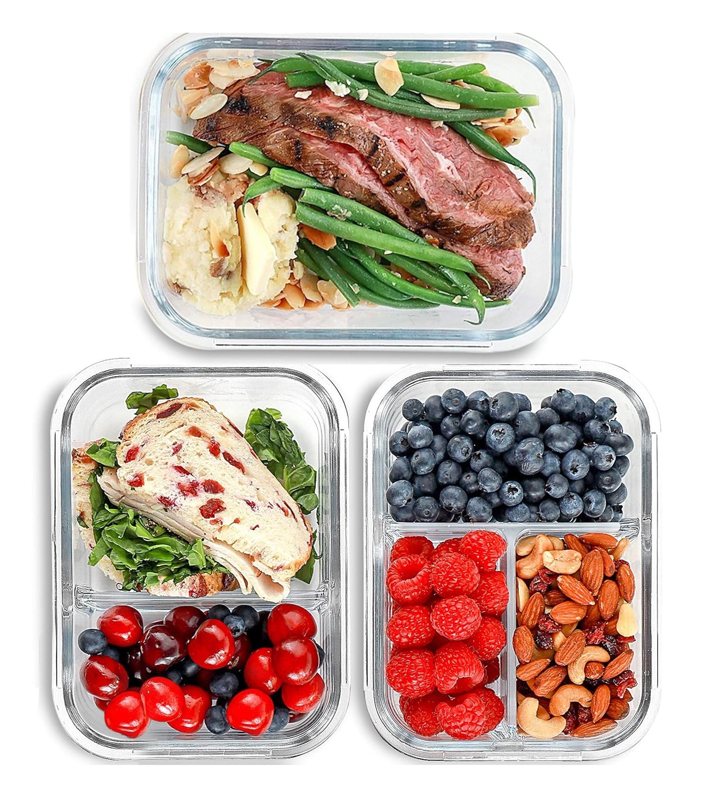 8 Pcs Glass Food Storage Containers with Lids, 2 & 3 Compartment Glass Airtight Meal Prep Containers, Oven & Freezer Safe, Kitchen Pantry Organizers and Storage, Leak Proof - Grey