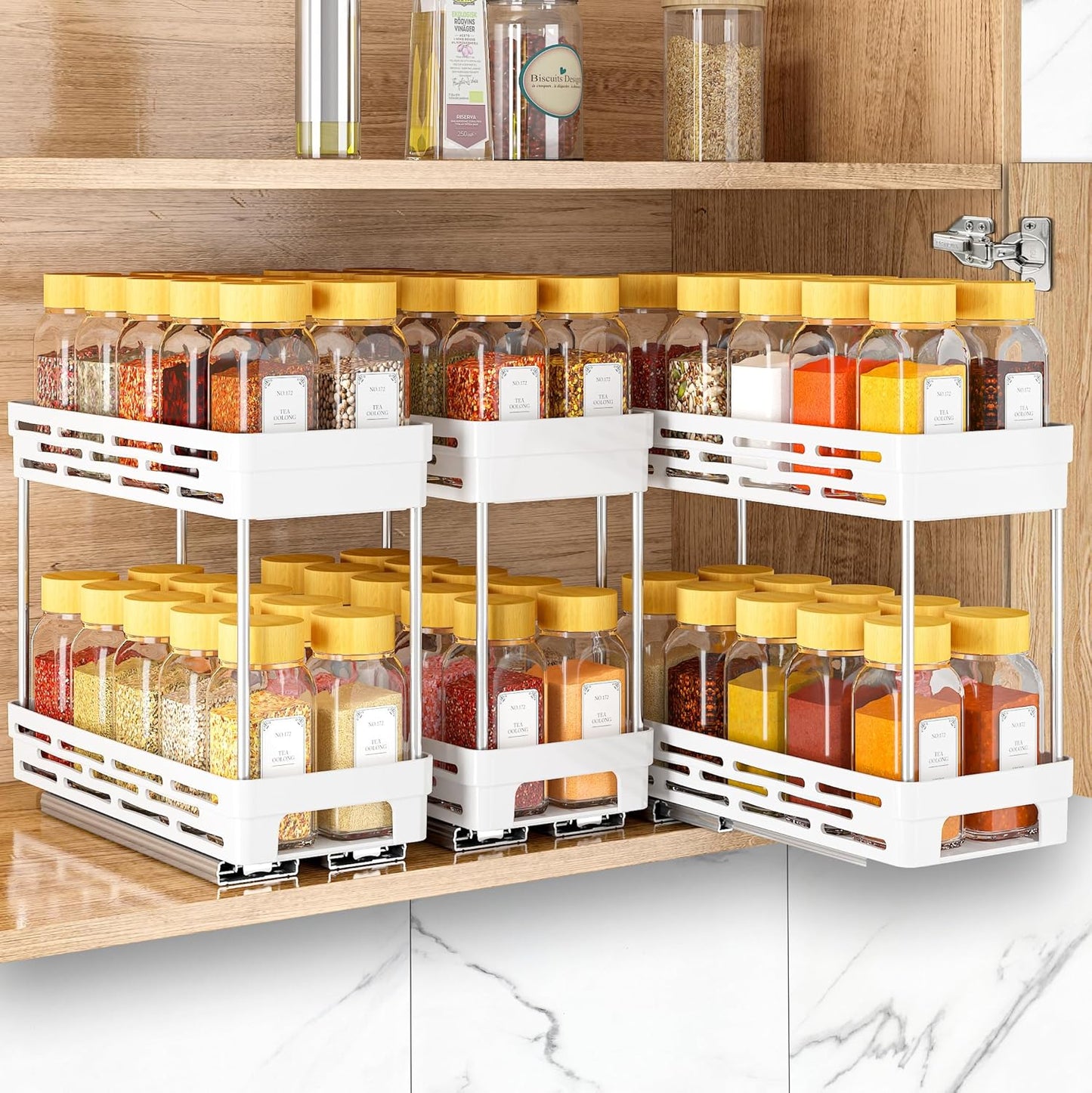 2 Tier Pull Out Spice Rack Organizer for Cabinet, 3 Packs Slide Out Spice Racks Organizer, Spice Cabinet Organizers, Cabinet Size Need:12'' Highx11'' Deepx5'' Wide, White